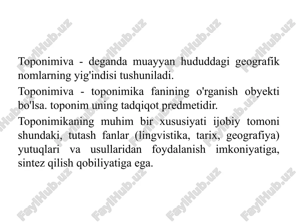 ism) - toponimning bir turi. tabiiy yoki inson tamonidan bunyod etilgan har qanday suv obyektlari - okeanlar. dengizlar. daryolar, kanallar. suv omborlari. soyjar, quduqlar va boshqalar. masalan. atlantika. baykal. sangzor. sirdaryo. aydarko'l. tuzkon. oronimiya - (yunoncha. oros - «tog'») - tog'lar. qirlar, tepaliklar, dovonlar. daralar va boshqa bir qator orografik obyektlarning nomi. masalan. and, himolay, alp, pomir, oloy. etnotoponim - (yunoncha, etnos - «xalq», onim - «ism, nom») - urug', qabila. elat, xalq, millat va boshqa xil etnik uyushmalar nomi. ijrug', qabila, xalq nomi o'zi tamonidan tanlangan yoki o'zgaiar tamonidan berilgan bo'lishi mumkin. masalan, barlos, nayman. qipchoq, jaloyir, laqay va boshqalar. urbonimiya – shaharsozlik an’analariga oid nomlarni o`rganish sohasi. agroonimiya – toponimikaning dehqonchilik bilan bog`liq nomlarni o`rganish sohasi fanga oid atamalar tahlili geografik obyektlar - yerning hozirda yoki o'tmishda mavjud bo'lgan hamda muayyan o'rnashgan joyi bilan tavsillanadigan, kelib chiqishi tabiiy yoki sun'iy bo'lgan yaxlit hududlardir. ular jumlasiga: ma'muriy-hududiy birliklar (viloyatlar, …
