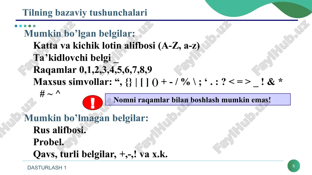 ilida kiritish/chiqarish. #include - c++ tilida kiritish / chiqarish #include - standart matematik funksiyalar uchun #include - kiritish/chiqarishni nazorat qilish #include - qator tipli o’zgaruvchilar bilan ishlash #include - standart kutubxona fayllarini chaqirish # include - kompyuterning soatidan foydalanish #include - grafik imkoniyatlaridan foydalanish dasturlash 1 * matematik funksiyalar dasturlash 1 * qo’shimcha standart funksiyalar ceil(x) - x ni o’zidan katta yoki teng bo’lgan butun songacha yaxlitlash. masalan: ceil (12.6) = 13; ceil (-2.4)= -2; floor (x) – x ni o’zidan kichik yoki teng bo’lgan butun songacha yaxlitlash. masalan: floor (12.1) = 12; floor (4.8) = 4; floor(-12.1) = -13; floor (15.9)=15; fmod (x,y) – x/y ning qoldig’ini kasr son ko’rinishida beradi. masalan: fmod (7.3,1.7) = 0.5 dasturlash 1 xulosa * hayotda masalalarni yechishda uning algoritmini tuzishdan boshlash maqsadga muvofiq bo’ladi. masala algoritmni tuzgan shaxs istalgan dasturlashda masalani yechish mumkin bo’ladi, albatta undan shu dasturlash tili sintaksisini bilish kifoya qiladi. …