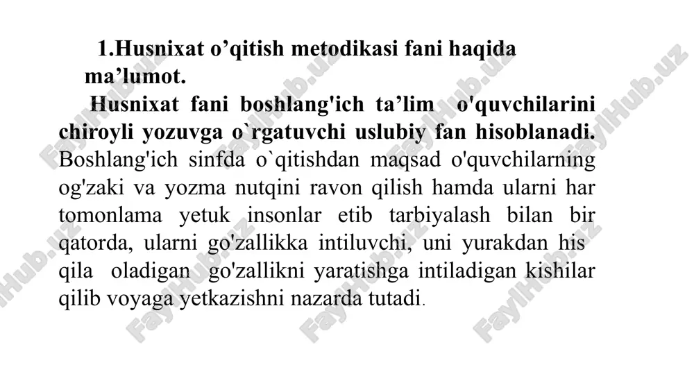 ga o'rgatish jarayonida bolaning har tomonlama: nerv sistemasi, qo'l harakatlari va muskullari, ko'rish organlari, eshitish organlari, umurtqa pog'onasi rivojlangan bo'lishi kerak. o'quvchi shundagina husnixat malakalarini o'zlashtira oladi. agar o'quvchining biz yuqorida tilga olgan organlaridan biri yaxshi taraqqiy etmagan bo'lsa, u o'quvchida chiroyli yozuv malakalari to'g'ri yo’lga qo'yilmaydi. shunday holatlarning kelib chiqishi kelajakda o'z ta`sirini ko'rsatadi. o'quvchi partada o'tirib yozish jarayonida, eng avvalo yozuv qurollarini to'q'ri joylashtirishi zarur. buning uchun birinchi navbatda o'quvchi partada to'g'ri o'tirishi kerak . chunki o'quvchi partada to'g'ri o'tira olmasa, egri o'tirsa umurtqasi noto'g'ri o'sadi va bolaning jismoniy o'sishiga salbiy ta`sir qiladi va hattoki bir umr bola nogiron bo'lib qolish holatigacha borib yetadi. buning utun o'qituvchi bolaning partada o'tirish, turish, dartarni ushlash va yozish qoidalarini ko'proq ta`kidlab turishi zarur. husnixat o'qitish metodikasi fani bevosita tilshunoslik fani bilan ham bog'liq. har bir yoziladigan harf, avvalo, nazariy o'rganilgan va asoslangan. ushbu harflar asosida husnixat mashg'ulotlari o'tkaziladi. xullas, fan estetika, …