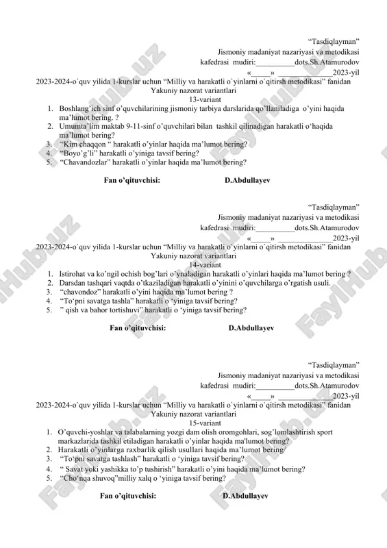 ri va tarbiyaviy pedagogik ahamiyati? 2. jismoniy sifatlarni rivojlantiruvchi harakatli o‘yinlar haqida ma’lumot bering? 3. ”olmaxonlar” harakatli o’yiniga tavsif bering? 4. “oq terakmi, ko’k terak” harakatli o’yini haqida ma’lumot bering? 5. ”doira bo‘ylab katta estafeta” harakatli o’yini haqida ma’lumot bering? fan o’qituvchisi: d.abdullayev “tasdiqlayman” jismoniy madaniyat nazariyasi va metodikasi kafedrasi mudiri:__________dots.sh.atamurodov «_____» ______________2023-yil 2023-2024-o`quv yilida 1-kurslar uchun “milliy va harakatli o`yinlarni o`qitirsh metodikasi” fanidan yakuniy nazorat variantlari 13-variant 1. boshlang’ich sinf o’quvchilarining jismoniy tarbiya darslarida qo’llaniladiga o’yini haqida ma’lumot bering. ? 2. umumta’lim maktab 9-11-sinf o’quvchilari bilan tashkil qilinadigan harakatli o‘haqida ma’lumot bering? 3. “kim chaqqon “ harakatli o’yinlar haqida ma’lumot bering? 4. “boyo’g’li” harakatli o’yiniga tavsif bering? 5. “chavandozlar” harakatli o’yinlar haqida ma’lumot bering? fan o’qituvchisi: d.abdullayev “tasdiqlayman” jismoniy madaniyat nazariyasi va metodikasi kafedrasi mudiri:__________dots.sh.atamurodov «_____» ______________2023-yil 2023-2024-o`quv yilida 1-kurslar uchun “milliy va harakatli o`yinlarni o`qitirsh metodikasi” fanidan yakuniy nazorat variantlari 14-variant 1. istirohat va ko’ngil ochish bog’lari o’ynaladigan …