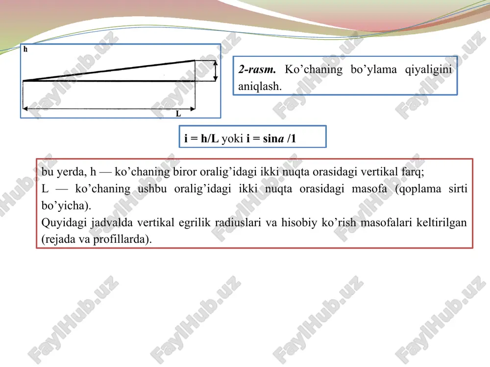 ksional qismlar shunday taqsimlanishi kerakki, yashovchilarning kundalik turmushi jarayonida jamoat markazlari, maishiy xizmatlardan va boshqa xizmatlardan foydalanishi eng qulay holda tashkil etilsin. 10-rasm. radial xalqali sxemada loyihalangan shaharlar:a - moskva; b - london; v - berlin to‘g‘ri burchak-diagonal sxema. to‘g‘ri burchakli sxema diagonal magistrallar bilan to‘ldirilib yaxshilanadi. transportlarni uzoq yurishi kamaytiriladi, vaqt ketishi minimal holatga keltiriladi. kamchiliklari - magistrallar kesishgan joylarida murakkab tugunlar hosil qilinadi. magistral ko‘chalar oralig‘ida qurilishlar qiyinlashadi 11- rasm. nyu-york. kvartallarning bir xil qaytariluvchi, to‘g‘ri burchakli loyihaviy “panjara” misoli 12-rasm. vashington. transport harakatini yaxshilash uchun diagonal ko‘chalar o‘tqazilgan to‘g‘ri burchakli loyihalash tizimi ko ‘cha yo‘l tarmoqlariga quyidagi talablar qo ‘yiladi: • shahar yo‘llarining magistral ko‘chalarining va yo‘laklarning yagona tizimi sifatida qaralishi, tarmoqdagi har bir element alohida qismi sifatida va o‘zining funksiyasini bajarishi; transport vositalarini ularning konstruktiv o‘ziga xosligini va prespektiv harakat hajmidan kelib chiqqan holda xavfsiz o‘tishini ta’minlash, shaharning hamma qismlarini qisqa aloqalar bilan bog‘lanishini ta’minlashi; tashqi …