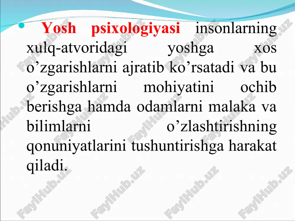 rivojlanishning tabiiy qonuniyatlari mavjud va bolalar, kattalar tomonidan kichik darajadagi e`tiborga ham muhtojlar. ingliz faylasufi dj.lokkning ta`kidlashicha yangi tug`ilgan “musaffo suvdek” va shuning uchun ta`lim va hayotiy malaka uning rivojlanishida muhim o’rin tutadi. yosh davrlar psixologiyasining asosiy tushunchasi rivojlanish –bir holatdan boshqasiga, eski sifat holatidan yangi sifatliroq holatga o’tish, osondan murakkabga, qiyidan yuqoriga o’tish jarayonidir. psixikani rivojlanishi –psixik jarayonlarni ma`lum vaqtda o’zgarish qonuniyatlari ularning miqdoriy, sifatiy va tuzilmaviy tuzilishida ifodalangan. o’sish –rivojlanish jarayonlarini miqdoriy sohasi. rivojlanishni o’sishdan asosiy farqi -o’sish miqdoriy o’zgarishlarga rivojlanish esa sifatiy o’zgarishlar bilan tavsiflanadi. etilish-u yoki bu yutuqlarni asoslovchi rivojlanishning muhim omili. psixologiya va pedagogika uchun muhim bo’lgan rivojlanish jarayonini bir qator xususiyatlari ajratilgan: -sifatli o’zgarish va funktsiyalashuvini mukammal darajalarga o’zgarishi tendentsiyasi; -rivojlanishning ortga qaytmasligi; -progress va regress elementlarini majburan bir-biriga qo’shilishi; -rivojlanishning notekisligi; -printsipial yangi tuzilmani shakllanishi bilan boliq bo’lib, ularning funktsiyalashuvining boshlang`ich davrlarda avvalgilaridan ko’ra ba`zi munosabatlarda yomonroqdir; -rivojlanish bosqichlaridan darajalariga o’tish; -barqarorlik tendentsiyasi. …