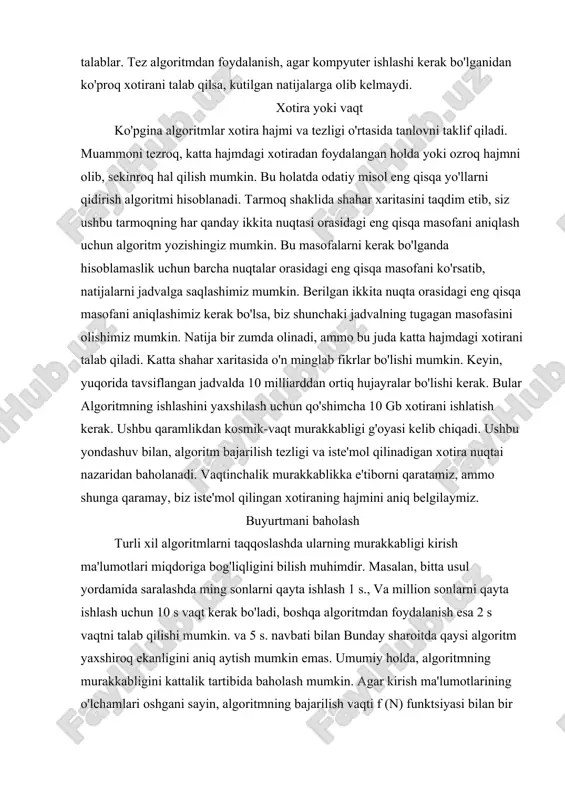 tgan protsedurada bajarilsa, funktsiya algoritmni sezilarli darajada murakkablashtirishi mumkin. agar protsedura ko'chadan ichkarisiga chaqirilsa, u holda ta'sir yanada katta bo'lishi mumkin. misol tariqasida ikkita protsedurani ko'rib chiqing: o (n ^ 3) murakkabligi bilan sekin va o (n ^ 2) murakkabligi bilan. procedure slow; var i,j,k: integer; begin for i:=1 to n do for j:=1 to n do for k:=1 to n do kakoe-to deystvie} end; procedure fast; var i,j: integer; begin for i:=1 to n do for j:=1 to n do slow; end; procedure both; begin fast; end; algoritm murakkabligining asosiy ko'rsatkichi muammoni hal qilish uchun zarur bo'lgan vaqt va talab qilinadigan xotira miqdori hisoblanadi. shuningdek, topshiriqlar sinfi uchun murakkablikni tahlil qilganda ma'lum bir ma'lumotni - kirish hajmini tavsiflovchi ma'lum bir raqam aniqlanadi . shunday qilib, algoritmning murakkabligi kirish hajmining funktsiyasi degan xulosaga kelishimiz mumkin. algoritmning murakkabligi bir xil kirish hajmi bilan farq qilishi mumkin, ammo har xil kirish ma'lumotlari. …