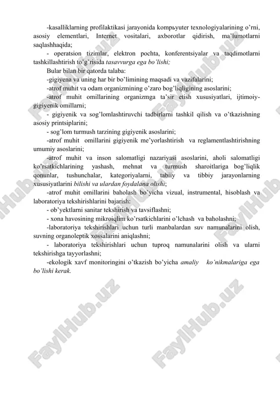 bilan tanishish. 2 6 soat 3. seovajsxning kommunal gigiyena bo’limining tuzilishi va hujjatlari bilan tanishish. 3 6 soat 4. seovajsxning kommunal gigiyena bo’limining sanitar-gigiyenik laboratoriyasining jihozlanishi va asbob-uskunalari bilan tanishish. 4 6 soat 5. seovajsxning mehnat gigiyenasi bo’limining tuzilishi va hujjatlari bilan tanishish. 5 6 soat 6. seovajsxning mehnat gigiyenasi bo’limining sanitar-gigiyenik laboratoriyasining jihozlanishi va asbob-uskunalari bilan tanishish. 6 6 soat jami: 6 36 soat . kalendar reja, 1 kurs- 2 semestr № vazifa rejasi va ish mazmuni kun-lar ish hajmi 1. xonalar mikroiqlimi ko’rsatkichlarini tekshirish (havo harorati, namligi, havoning harakat tezligi) va gigiyenik baholash. 1 6 soat 2. turli xonalarning tabiiy va sun’iy yoritilganligini tekshirish va gigiyenik baholash. 2 6 soat 3. xonalar havosining tozaligini tezkor tekshirish va gigiyenik baholash. 3 6 soat 4. ish joylarida shovqin va tebranishni tekshirish va gigiyenik baholash. 4 6 soat 5. laboratoriya tekshirishlari uchun suv va tuproq namunalarini olish va gigiyenik baholash. 5 …