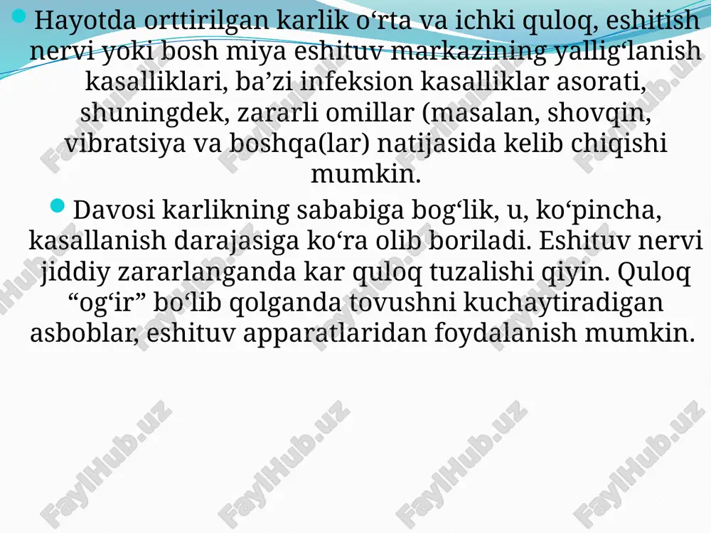 yoki jarohati bo'lishi mumkin. afazi bu allaqachon shakllangan nutqning buzilishi. bunday nuqson miya yarim korteksining nutq bo'limlari shikastlanishi bilan, shuningdek qon tomirlari, shikastlanishlar, yallig'lanish jarayonlari, o'smalar va ba'zi ruhiy kasalliklar natijasida yuzaga keladi. yengil darajadagi aqliy rivojlanishida muammosi bo‘lgan bolalarni inklyuziv ta’limi jarayoniga moslashtirish 1. aqliy rivojlanishida muammosi bo‘lgan bolalar diqqatini tarqoqligini xisobga olib partada ortiqcha narsalar bo‘lmasligi kerak; 2. aqliy rivojlanishida muammosi bo‘lgan bolalar tez charchab qolishini xisobga olgan xolda, ular xarakatda bo‘lish imkonini beruvchi topshiriqlar berib turish («daftarlarni yig‘», «doskani tozala» kabi); 3. xar bir darsda jismoniy daqiqa o‘tkazishni unutmaslik; 4. aqliy rivojlanishida muammosi bo‘lgan bolalarni sinfdagi eng a’lochi o‘quvchi bilan birga o‘tkazish; 6. darsda asosiy ko‘rgazmallikka tayinlash; 7. aqliy rivojlanishida muammosi bo‘lgan bolaga topshiriqlarni qismlarga bo‘lib berish; 8. bolani rag‘batlantirishni unutmaslik; 9. usullarning xilma – xilligidan doimiy ravishda foydalanish; 10. o‘yin metodlariga maksimal darajada tayanish; 11. bola topshiriqni bajarayotganda unga qo‘shimcha yoki amaliy ko‘rsatma xam berish; 12. …