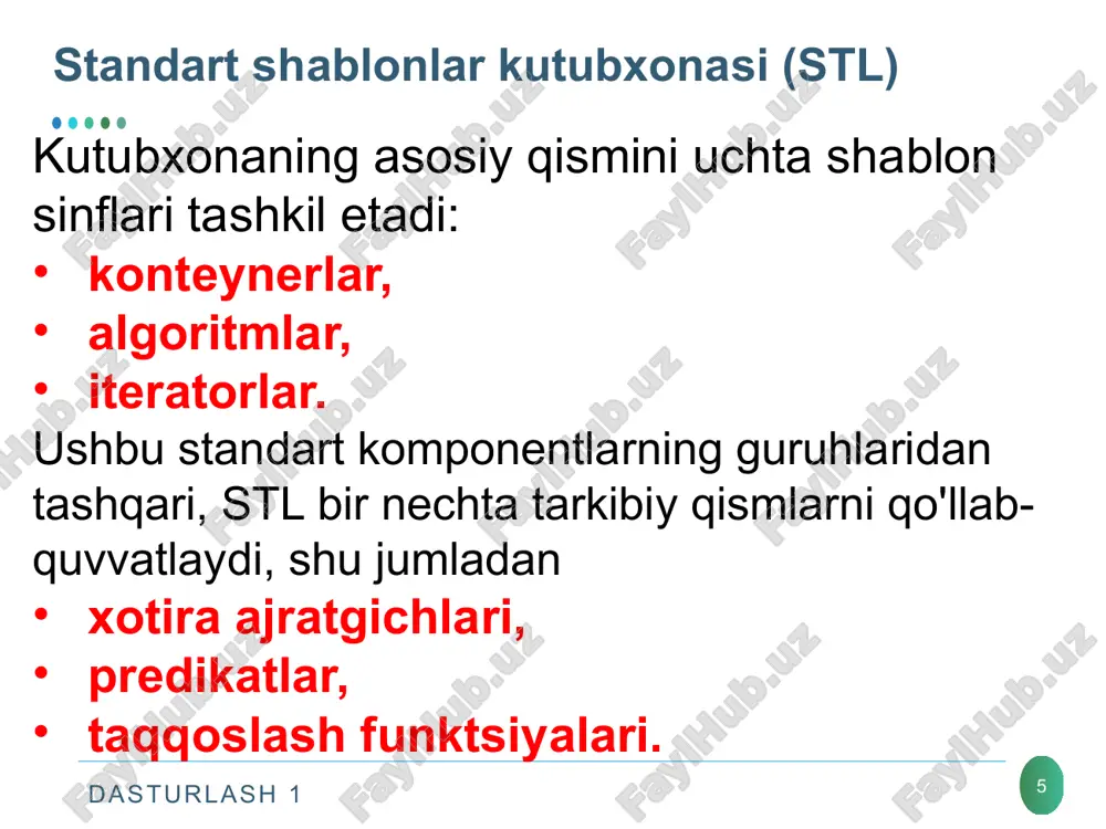 arga indeks bo'yicha murojaat uchun siz at usulidan foydalanishingiz mumkin (ya'ni mas [i] o'rniga, mas.at (i)). at (i) agar i> mas.size () bo'lsa, out_of_range istisnosini chiqaradi. dasturlash 1 array shablon sinfi 27 #include #include #include #include using namespace std; int main() { array mas; srand(time(0)); for(auto i = 0; i #include #include #include using namespace std; dasturlash 1 array shablon sinfi 29 int main() { array mas; srand(time(0)); for (int &ar : mas) ar = 10 + rand() % 90; for (int &ar : mas) cout , >= return mas1 > mas2 ? true : false; metod empty usuli kontyneda element bor yoki yo’qli xaqida bool natija qaytaradi (ya’ni begin() == end() ekanligini aniqlaydi) dasturlash 1 iteratorlar 31 iteratorlar - bu konteynerlar elementlariga kirish uchun ishlatiladigan ob'ektlar. konteynerlarning elementlari har doim ham ketma-ket joylashmaganligi sababli, oddiy ko'rsatgichlardan foydalanish mumkin emas. iteratorlardan konteyner orqali elementdan elementga ketma-ket o'tish uchun foydalanish mumkin. …