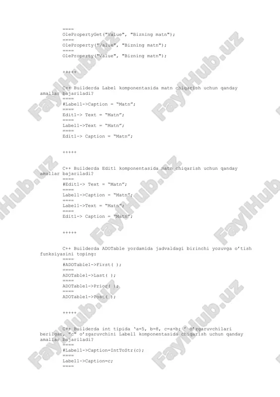 numain ==== tmenu +++++ c++ builderda kontekst menyular yaratishga mo’ljallangan komponenta nomini ko’rsating: ==== #popupmenu ==== mainmenu ==== menumain ==== tmenu +++++ radiobutton componentasni belgilanmaganlik hususiyati ==== #checked=false ==== checkable=false ==== mark=false ==== checking=false +++++ c++ builderda adotable yordamida jadvaldagi so’ngi yozuvga o’tish funksiyasini toping: ==== #adotable1->last( ); ==== adotable1->first( ); ==== adotable1-> next( ); ==== adotable1->prior( ); +++++ c++ builderda button1 komponentasini bosganda, agar radiobutton1 ob’yekti tanlangan (belgilangan) bo’lsa “tanlangan” degan yozuvni chiqarish kodini ko’rsating: ==== #if (radiobutton1->checked==true) showmessage("tanlangan"); ==== if (radiobutton1->checked=true) showmessage("tanlangan"); ==== if (radio1->checked==true) showmessage("tanlangan"); ==== if (radio1->checked==false) showmessage("tanlangan"); +++++ c++ builderda 2 sonni ustida arifmetik amallar bajarish uchun ularni formaga qaysi komponenta orqali kiritamiz? ==== #edit ==== label ==== button ==== bitbtn +++++ c++ builderda edit1 komponentasiga ma’lumot kiritishni taqiqlash uchun qanday amallar bajariladi? ==== #edit1->readonly=true; ==== edit1->charcase=eclowercase; ==== edit1->readonly=false; ==== edit1->readonly==true; +++++ c++ builderda edit1 komponentasiga kichik harf registrida ma’lumot kiritish uchun qanday amallar bajariladi? …