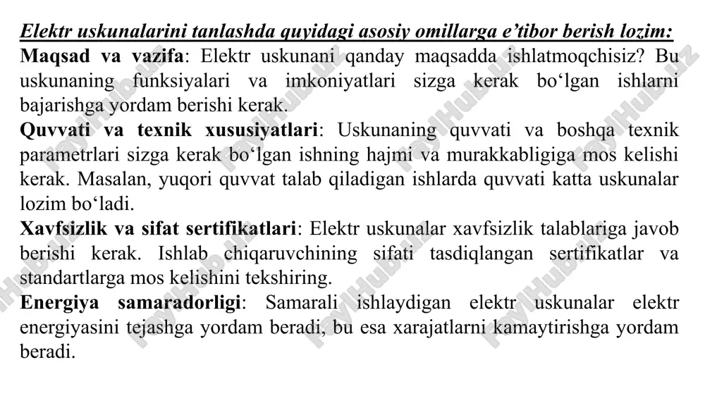 r uskunaning xavfsizlik funksiyalariga, misol uchun, quvvatni avtomatik uzib qo‘yish yoki tok kuchini cheklash funksiyalariga ega bo‘lishi talab etilishi mumkin. agar sizga aniq bir turdagi uskunani tanlash bo‘yicha yordam kerak bo‘lsa, uning parametrlarini yozing, shunga ko‘ra aniq tavsiyalar beraman 5. elektr uskunalarga himoya vositalarini tanlash transport va sanoatdagi elektr yuritmalar ekspluatatsiyasida turli avariyali holatlar yuzaga keladi; jumladan texnologik ortiqcha yuklanish, to‘liqsiz fazada qolishi va fazalar nosimetriyasi, rotorni siqilib qolishi, sovitish sharoitini yomonlashuvi, izolyasiyasining namlanishi va boshqalar. bu avariya holatlarda elektr uskunalar (motor) ishdan chiqmasligi uchun u ishonchli himoya qilinishi va tarmoqdan o‘z vaqtida ajratilishi zarur. elektr motorlarning texnologik ortiqcha yuklanishi deb texnologik mashinalarning qarshilik momenti yoki tezligi o‘zgarishi oqibatida motorlarda ortiqcha tok bo‘lishiga aytiladi. bu holda motorlar qizib ishlaydi, izolyasiyasi ortiqcha qizishdan eskiradi, o‘zining izolyasiyalovchi xususiyatlarini yo‘qotadi, elastikligi ketadi, sekin asta yemiriladi va yaroqsiz holga keladi. to‘liqsiz fazada ishlash rejimi biror fazasi uzilganda, yoki eruvchi saqlagich erib ketganda, ulanish joylarida …