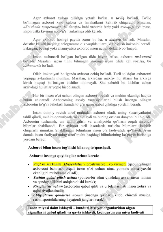 ashtira oladi. agar insoniyat jamiyatini nazarda tutsak, ijtimoiy jamoa tuzumidagi odamlarning bargalikda ovga chiqishlari bir-birlari bilan axborot almashinishlari orqali amalga oshgan. axborotning birlashtiruvchilik roli hozirgi kunda ham o‘zgargani yo‘q – insonlarning katta jamoasini maqsad sari yo‘naltirishning boshqa usuli yo‘q (axborot almashishdan tashqari). · axborot jamiyat hayotida boshqarish uchun qo‘llaniladi. jamiyat hayotining turli tomonlarini boshqarish uchun bir necha axborot vositalari (qurilmalari) yaratilgan. oddiy misol – yo‘l svetofori – harakat qatnashchilariga avtomatik tarzda ma’lum bir rangdagi signallarni yuborib yo‘l harakatini boshqaradi. · insoniyat jamiyatiga xos xususiyatlardan biri – avloddan avlodga axborotlarni uzatish va to‘plashdan iborat. zamonaviy ilm-fandan olingan ma’lumotlarga qaraganda, jamiyat darajasi jamiyatda to‘plangan va qo‘llaniladigan axborot miqdori bilan aniqlanadi. shunday qilib, axborot jamiyatni tashkil qiladi, boshqaradi va rivojlantiradi. ta’kidlash joizki, axborot tabiatdagi barcha tirik organizmlar hayotida muhim rol o‘ynaydi. axborot insoniyat jamiyatida axborot resurslari shaklida mavjud. axborot resurslari – bu insoniyat g‘oyalari va ularni amalga oshirish mumkin bo‘lgan shakldagi ko‘rsatmalar aaaxborot …