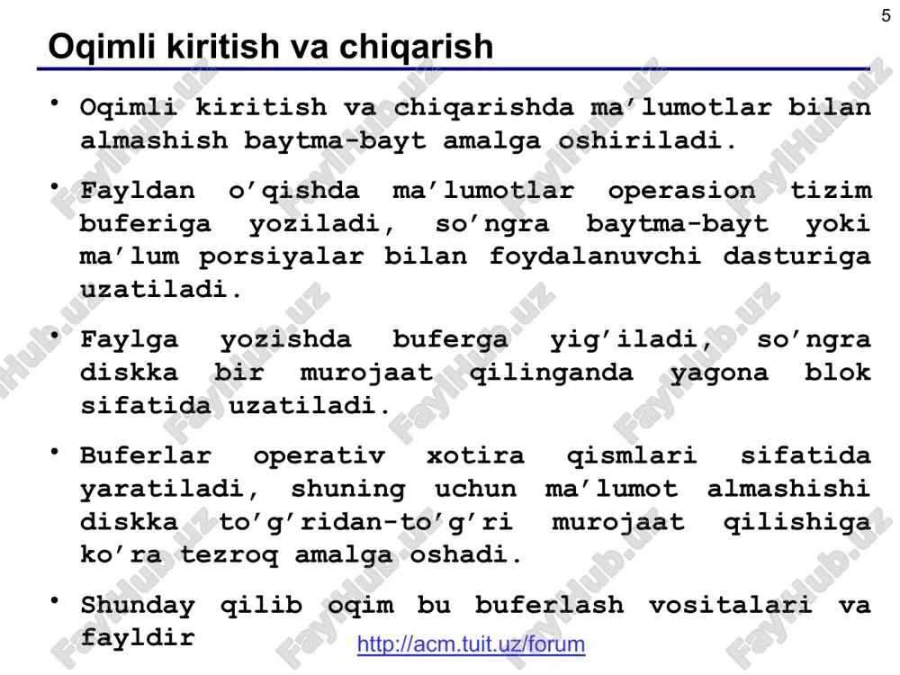 pen( "input.dat", "rb" ); if ( fp == null ) { printf(“fayl ochilmadi."); return; } n = fread ( a, sizeof(int), n, fp ); if ( n < n ) printf(“faylda ma’lumotlar etishmayapdi"); fclose ( fp ); ma’lumotlarni o’qish: fp = fopen( "output.dat", "wb" ); fwrite ( a, sizeof(int), n, fp ); fclose ( fp ); ma’lumotlarni yozish: kritik xatolik kritik bo’lmagan xatolik qancha o’qildi http://acm.tuit.uz/forum * * vazifa 6. input.txt matnli faylda butun sonlar berilgan. ularni saralang va output.dat ikkilik faylga yozing. 7. input1.txt va input2.txt matnli fayllarda massivlar berilgan. ularni bitta massivga birlashtiring, saralang va natijani ikkilik formatda output.dat faylga yozing. http://acm.tuit.uz/forum *