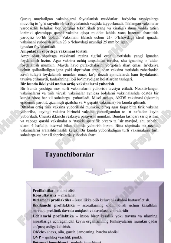 qo‘yishi, ikkinchi qo’li esa ota-onasi tomonidan yelkaga o ‘tkazilishi lozim. deltasimon mushakka in’eksiya qilishda vaksina yuborish joyini to‘g‘ri aniqlash vaksinatsiyaning xavfsiz va muvaffaqiyatli o‘tkazilishi uchun zarurdir. vaksinatsiya joyini noto‘g‘ri belgilash vaksinaning teri ostiga yuborishga va nervni jarohatlash xavfming oshishiga olib keladi. vaksinatsiya joyini belgilash uchun qoini yelkadan tirsakkacha yalang‘ochlash lozim. vaksina yuborish uchun eng qulay joy akromial o ‘simta (kurak qirrasining) tashuvchi bilan bilak suyagi o'rtasi orasida joylashgan mushak o ‘rtasi hisoblanadi. ignani 45-60 burchak ostida akromial o ‘siq yo‘nalishi bo‘yicha kiritish lozim. agar in’eksiya deltasimon mushakning pastki qismiga qilinsa, bilak suyagi tomonidagi nervning shikastlanish xavfi yuzaga keladi. dozalash vaksinaning dozasi uni qo’llash bo'yicha tavsiyanomalarga mos kelishi kerak. izoh: - past dozalar yetarlicha himoyani ta ’minlamasligi mumkin; - past sinama dozalar tavsiya etilmaydi. sinama doza sezgirligi yuqori shaxslarda to ‘liq doza singari asosiy qo‘shimcha effektlar paydo qilishi mumkinligiga ega. demak, sinama doza vaksinatsiya paytida qilinishi kerak emas; - tavsiya etilgandan …
