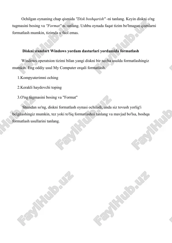 orqali formatlash. 1.kompyuterimni oching 2.kerakli haydovchi toping 3.o'ng tugmasini bosing va "format" shundan so'ng, diskni formatlash oynasi ochiladi, unda siz tovush yorlig'i belgilashingiz mumkin, tez yoki to'liq formatlashni tanlang va mavjud bo'lsa, boshqa formatlash usullarini tanlang. "ishga tushirish" tugmasini bosgandan so'ng, disk formatlanadi. xuddi shunday, har qanday boshqa olinadigan haydovchi ham foydalanish mumkin. diskni formatlashning yana bir usuli disk boshqarish vositasida formatlash. operatsion tizimga kiritilgan ushbu dasturni ishga tushirish uchun quyidagilarni bajarish kerak: boshlash - boshqarish paneli - tizim - ma'mur - kompyuter boshqaruvi - disklarni boshqarish. bu erda formatlash uchun diskni o'ng tugmani bosish va "format" ni tanlab olishingiz kerak. shundan so'ng siz formatlash imkoniyatlarini belgilashingiz mumkin. nima uchun formatlashim kerak? yangi tizim xatolar va ishdan bo'shatishlarsiz ishlagan bo'lsa, eski fayllarni o'chirib tashlash uchun unga tenglashtirilgan platformani yaratishingiz kerak. qo'lda olib tashlash samarali emas, shuning uchun disklardan avvaldan kerakli ma'lumotlarni ko'chirib olish yaxshiroqdir. mulohaza formatlash ushbu muammolarni hal qiladi: …