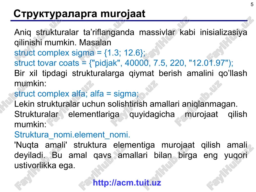 siya prototipida foydalanuvchi tomonidan strukturani e'lon qilishda aniqlangan berilganlar turi ko'rsatilishi kerak. masalan, talaba haqidagi berilganlarni o'z ichiga oluvchi talaba strukturasi turidagi berilganlarni talaba_manzili() funktsiyasiga parametr sifatida berish uchun funktsiya prototipi quyidagi ko'rinishda bo'lishi kerak: void talaba_manzili(talaba); http://acm.tuit.uz * * struktura funktsiya argumenti sifatida struct talaba { char fish[30]; unsigned int tug_yil; unsigned int kurs; char yunalish[50]; float reyting; char jinsi[6]; char manzil[50]; bool status; }; http://acm.tuit.uz * * struktura funktsiya argumenti sifatida void talaba_manzili(talaba); int main() { talaba talaba; talaba.kurs=2; talaba.tug_yil=1992; strcpy(talaba.fish,"abdullaev a.a."); strcpy(talaba.yunalish,“kompyuter injiniring"); strcpy(talaba.jinsi,"erkak"); strcpy(talaba.manzil,"toshkent, yunusobod …"); talaba.reyting=123.52; talaba_manzili(talaba); } void talaba_manzili(talaba t) { cout >t[i].kurs; cout >t[i].reyting; cout >t[i].tug_yil; cout » vositasida amalga oshiriladi: cout fish; http://acm.tuit.uz * * strukturaga ko'rsatkich strukturalarni ko'rsatgich va murojaat (&) vositasida funktsiya argumenti sifatida uzatish mumkin. quyida keltirilgan programma bo'lagida strukturani talaba_kiritish() funktsiyasiga ko'rsatkich orqali, talabalar_fish() funktsiyasiga murojaat orqali uzatishga misol keltirilgan. void talaba_kiritish(talaba *t); void talabalar_fish(talaba & t); int …