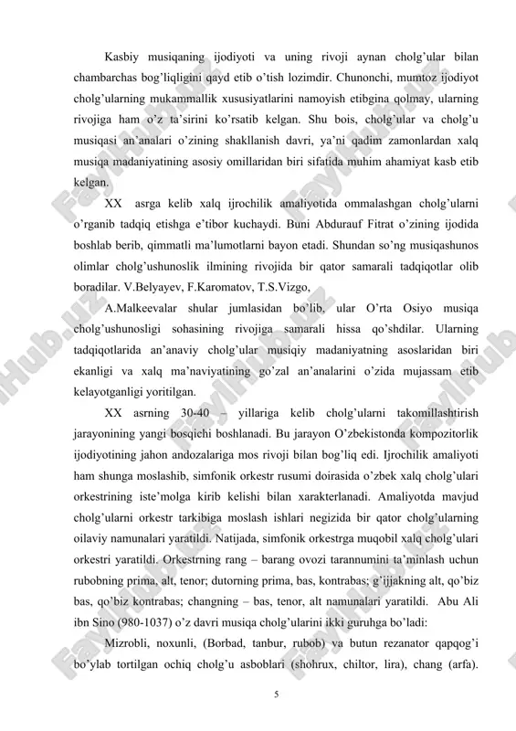 alari yaratildi. natijada, simfonik orkestrga muqobil xalq cholg’ulari orkestri yaratildi. orkestrning rang – barang ovozi tarannumini ta’minlash uchun rubobning prima, alt, tenor; dutorning prima, bas, kontrabas; g’ijjakning alt, qo’biz bas, qo’biz kontrabas; changning – bas, tenor, alt namunalari yaratildi. abu ali ibn sino (980-1037) o’z davri musiqa cholg’ularini ikki guruhga bo’ladi: mizrobli, noxunli, (borbad, tanbur, rubob) va butun rezanator qapqog’i bo’ylab tortilgan ochiq cholg’u asboblari (shohrux, chiltor, lira), chang (arfa). olim, ohangi inson ovoziga yaqin turadigan cholg’u asboblari ud, rubobni batafsil ta’riflagan. o’sha davrda yashab ijod etgan safiuddin urmaviy musiqa ilmini tizimini (sistemasi) ni rivojlantiradi. u “taqvadorlik kitobi” da ud cholg’usini ta’riflaydi: “bilginki, cholg’u asboblari ichida ud asbobi eng mashhur va zamonaviydir”. udning dastasining to’la chizmasi, uni sozlash haqida tasavvur beradi. a. navoiyning tasdiqlashicha, mavjud 12 maqom qadimiy musiqaning asosidir. marog’iy (xiv asr) g’ijjakning ipak yoki pay torlari jez torlariga nisbatan ancha yaxshi va mayin ohang beradi deydi, o’zining g’ijjak …