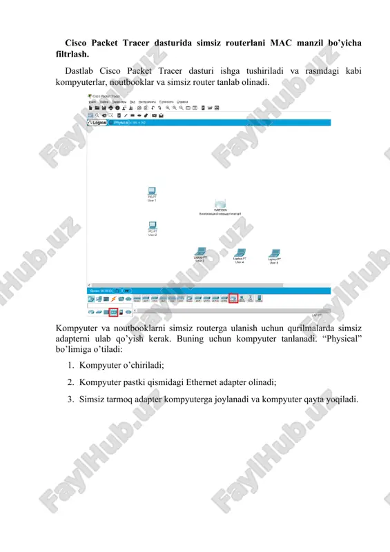 oylanadi. natijada hamma qurilamalar simsiz routerga ulangani aks etadi. 1.kompyuter tanlanadi. 2. “desktop” bo’limiga o’tiladi. “web brauzer” bosiladi. 3. manzillar oynasiga http://192.168.0.1 manzil kiritiladi. 4. simsiz router interfeysiga kirish uchun login va parol kiritish so’raladi. foydalanuvchi wi-fi admin va parolini kiritadi va ok tugmasi bosiladi. wi-fi interfeysiga o’tilgach “wirelass” tanlanadi, keyin “wirelas security” belgilanadi. shifrlash turini aes tanlanadi. parol oynasiga parol kiritiladi. masalan: “0123456789”. so’ngra saqlash tugmasi bosiladi. natijada qurilamalar simsiz routerga parolni kiritish orqali ulana oladi. topshiriq. 1. wi-fi router tarmoqqa ulang va sozlashga kirib mac manzil bo’yicha filtrlash amallarini bajaring 2. kompyuterda wi-fi tarmog’ini himoyalash uchun wpa/wpa2 protokolini yoqib, parol bilan himoyalang. 3. bajargan ishingizni hisobotini tayyorlang va tizimga muddat ichida yuklang. image6.png image7.png image8.png image9.png image10.png image11.png image12.png image13.jpeg image14.jpeg image15.png image16.png image17.png image18.png image1.png image2.png image3.png image4.png image5.png