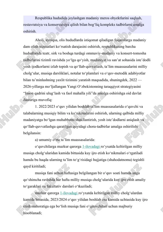 oratiga ega bo‘lish musiqa fani o‘qituvchilari uchun majburiy hisoblanadi; musiqa fani uchun ajratilgan o‘quv soatlari doirasida “hayotimga hamrohdir cholg‘u” shiori ostida cholg‘u ijrochiligi dars mashg‘ulotlari yo‘lga qo‘yiladi; notalar to‘plamlari va maxsus musiqiy adabiyotlar bilan ta’minlash umumta’lim maktablarini darsliklar va o‘quv-metodik qo‘llanmalar bilan ta’minlash tizimiga kiritiladi; o‘quvchilarning darsdan tashqari vaqtlarini mazmunli tashkil etish maqsadida ularning qiziqishlariga ko‘ra milliy musiqa cholg‘ularida kuy ijro etish, tasviriy va amaliy san’at, hunarmandchilik yo‘nalishlarida amaliy to‘garaklar (keyingi o‘rinlarda — amaliy to‘garaklar) tashkil etiladi; amaliy to‘garaklar rahbarlariga “barkamol avlod” bolalar maktablari to‘garak rahbari uchun belgilangan bazaviy tarif stavkalari qo‘llaniladi; amaliy to‘garaklarni olib borish hisobi “elektron kundalik” dasturi orqali amalga oshiriladi hamda har chorakda to‘garak ishtirokchilarining hisobot konsertlari tashkil qilinadi; musiqa san’ati bo‘yicha professional ta’lim hamda oliy ta’lim to‘g‘risidagi hujjatga ega bo‘lgan, kamida 3 ta milliy musiqa cholg‘ularida mahorat bilan kuy ijro eta oladigan mutaxassislarni asosiy ish joyidan bo‘sh vaqtida u erdagi mehnatga haq to‘lash shartlarini saqlab qolgan …