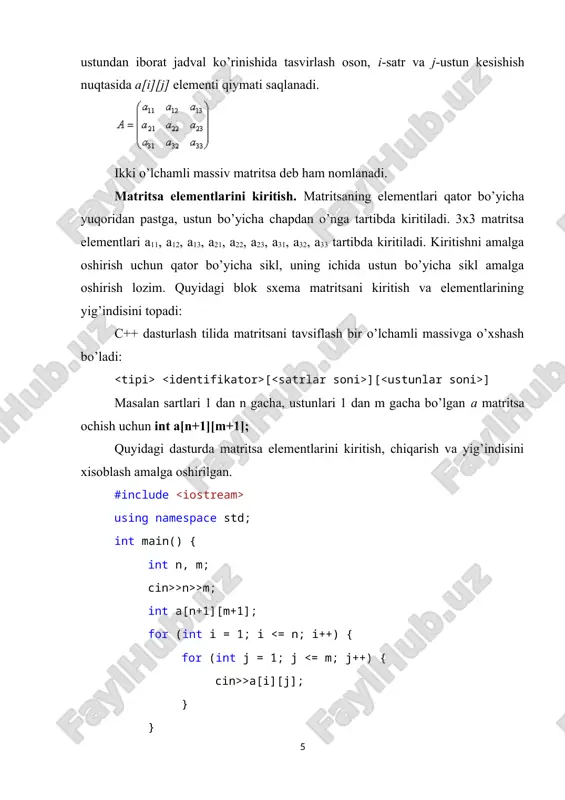 si hisoblansin 13. bir o`lchamli sonli massivni manfiy elementlari massivni o`rtacha qiymatini logarifmi bilan almashtirilsin 14. bir o`lchamli sonli massiv k va m ga teng elementlari yig’indisi hisoblansin 15. bir o`lchamli sonli massivni manfiy elementlari massivni eng kichik elementini kvadratiga almashtirilsin 16. bir o`lchamli sonli massivni juft qiymatli elementlarini o`rtacha qiymatidan hisoblansin 17. bir o`lchamli sonli massivni 2, 3 va 5 ga bo`linadigan elementlari yig’indisi hisoblansin 3-topshiriq: 1. matritsani qator elementlari yigindisidan vektor xosil qilinsin, eng katta va eng kichik elementi aniqlansin. 2. matritsani ustun elementlari yigindisidan vektor xosil qilinsin, eng katta va eng kichik elementi aniqlansin. 3. har xil o`lchamlik ikkita bir indeksli massivberilgan.birinchi massiv elementlari ikkinchi massivning k-elementi bilan k+1 - elementi orasiga joylashtirilsin. 4. ikkita tartiblangan bir o`lchamlik massivni birlashtirib tartiblangan massiv xosil qilinsin. 5. l ta elementi bo`lgan bir indeksli massivdan nxm o`lchamlik matritsa xosil qilinsin.etishmay qolgan elementlari nollar bilan to`ldirilsin. 6. nxn o`lchamlik ikkita matritsa …