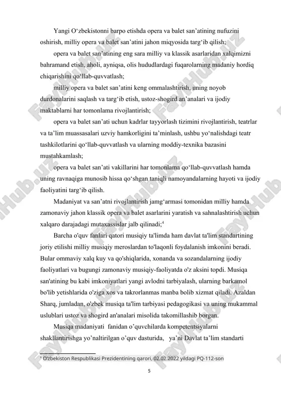 kasi prezidentining qarori, 02.02.2022 yildagi pq-112-son ] barcha o'quv fanlari qatori musiqiy ta'limda ham davlat ta'lim standartining joriy etilishi milliy musiqiy meroslardan to'laqonli foydalanish imkonini beradi. bular ommaviy xalq kuy va qo'shiqlarida, xonanda va sozandalarning ijodiy faoliyatlari va bugungi zamonaviy musiqiy-faoliyatda o'z aksini topdi. musiqa san'atining bu kabi imkoniyatlari yangi avlodni tarbiyalash, ularning barkamol bo'lib yetishlarida o'ziga xos va takrorlanmas manba bolib xizmat qiladi. azaldan sharq, jumladan, o'zbek musiqa ta'lim tarbiyasi pedagogikasi va uning mukammal uslublari ustoz va shogird an'analari misolida takomillashib borgan. musiqa madaniyati fanidan o’quvchilarda kompetentsiyalarni shakllantirishga yo’naltirilgan o’quv dasturida, ya’ni davlat ta’lim standarti o’quvilarga musiqiy-nazariy bilim berish haqida meyoriy talablar berilgan.fanning asosiy vazifalari quyidagilar : o’quvchilarga musiqiy ifodalikning asosiy vositalarini tushunib yetishish ishlarida chuqur bilimlar berish hamda musiqiy texnik ko’nikmalarni o’rgatish amaliy ishlardagi nota matnini o’qish jarayonini mukammalashtirish va ovoz intonatsiyasining sofligiga erishish: musiqiy asar shaklining tuzilishidagi asosiy qonuniyatlari muhim musiqa elementlari , musiqiy rivojlanish prinsplari , …