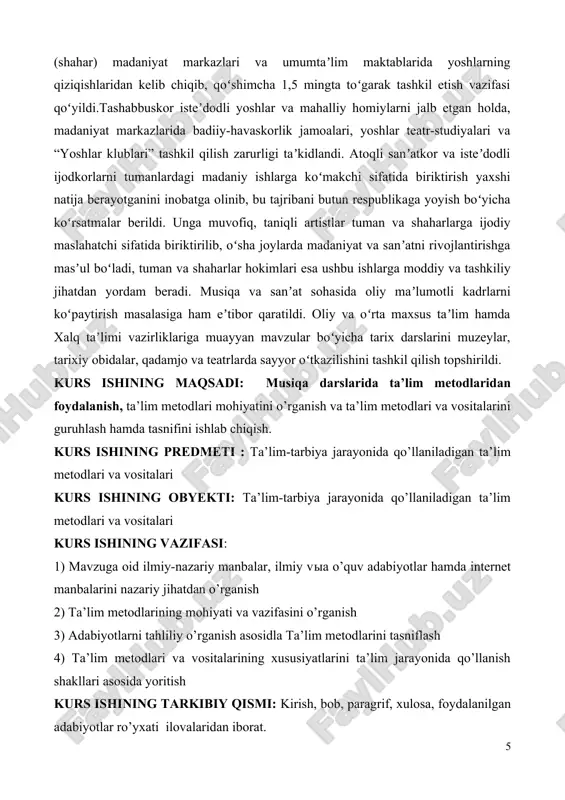 tuman va shaharlar hokimlari esa ushbu ishlarga moddiy va tashkiliy jihatdan yordam beradi. musiqa va sanʼat sohasida oliy maʼlumotli kadrlarni koʻpaytirish masalasiga ham eʼtibor qaratildi. oliy va oʻrta maxsus taʼlim hamda xalq taʼlimi vazirliklariga muayyan mavzular boʻyicha tarix darslarini muzeylar, tarixiy obidalar, qadamjo va teatrlarda sayyor oʻtkazilishini tashkil qilish topshirildi. kurs ishining maqsadi: musiqa darslarida ta’lim metodlaridan foydalanish, ta’lim metodlari mohiyatini o’rganish va ta’lim metodlari va vositalarini guruhlash hamda tasnifini ishlab chiqish. kurs ishining predmeti : ta’lim-tarbiya jarayonida qo’llaniladigan ta’lim metodlari va vositalari kurs ishining obyekti: ta’lim-tarbiya jarayonida qo’llaniladigan ta’lim metodlari va vositalari kurs ishining vazifasi: 1) mavzuga oid ilmiy-nazariy manbalar, ilmiy via o’quv adabiyotlar hamda internet manbalarini nazariy jihatdan o’rganish 2) ta’lim metodlarining mohiyati va vazifasini o’rganish 3) adabiyotlarni tahliliy o’rganish asosidla ta’lim metodlarini tasniflash 4) ta’lim metodlari va vositalarining xususiyatlarini ta’lim jarayonida qo’llanish shakllari asosida yoritish kurs ishining tarkibiy qismi: kirish, bob, paragrif, xulosa, foydalanilgan adabiyotlar ro’yxati ilovalaridan …