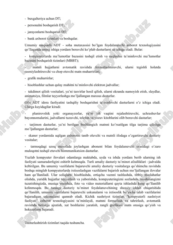 degani bo‘lib, case-texnologiyasi turli mutaxassislar, jumladan, tizimli tahlilchilar, loyihachilar va dasturchilar ishtirok etadigan ko‘pchilikning qatnashishi talab etiladigan axborot tizimlarini yaratishda qo‘llaniladi. case-texnologiyalari vositalari nisbatan yangi, 80- yillar oxirida shakllangan yo‘nalishdir. ulardan keng ko‘lamda foydalanish qimmatligi tufayli chegaralangandir. case-texnologiyasi — murakkab dasturiy tizimlarni tahlil etish, loyihalash, ishlab chiqarish va ko‘zatib turish texnologik jarayonini avtomatlashtiruvchi dasturiy ta'minotdir. case-texnologiyasining asosiy yutug‘i — kompyuterlarning mahalliy tarmog‘ida ishlayotgan mutaxassislarni birgalikda, hamkorlikda loyiha ustida ishlashini tashkil eta olishi, loyihaning ixtiyoriy fragmentini eksport-import qila olishligi va loyihani tashkiliy boshqkara bilishligidadir. ixtisoslashgan kompyuterlar. bu turdagi tizimlar ixtisoslashgan funktsiyalarni bajarishga mo’ljallangan qator kompyuterlar mavjud bo’lib, ular yordamida murakkab harbiy samolyotlar, kosmik raketalar, raqamli fotografiyalar yoki maishiy texnikalarni boshqarish mumkin bo’ladi. maxsus-maqsadli kompyuterlar (special-purpose computers). bunday tizim murakkab harbiy samolyotlar, kosmik kemalar, raqamli kameralar yoki maishiy texnikani boshqaradigan maxsus funktsiyalarga ega bo'lgan bir qator kompyuterlarga xosdir. amaliy dasturiy ta’minot operatsion tizim apparat kompyuterning dasturiy ta’minoti orasida eng ko’p qo’llaniladigani amaliy …
