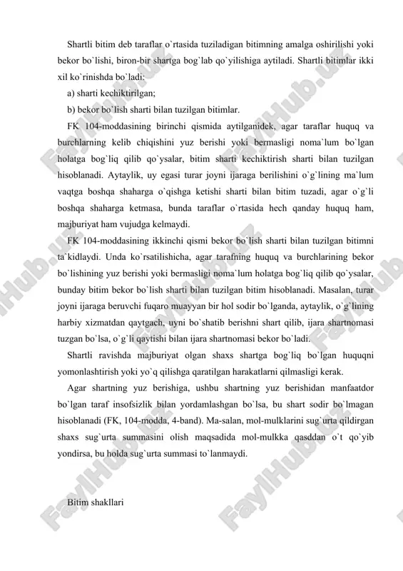 l tasdiq-langan) shaklda tuziladi (fk, 105-modda, 1-band). fkning 106-moddasiga binoan qonun hujjatlarida yoki taraf-larning kelishuvida yozma tasdiqlangan shakl belgilab qo`yilmagan, jumladan, u tuzilayotgan vaqtning o`zidayoq bajariladigan bitim og`zaki tuzilishi mumkin. shaxsning xatti-harakatidan uning bitim tuzishga bo`lgan xohish-irodasi bilinib turgan holda ham bunday bitim tuzilgan hisoblanadi. jeton, patta yoki odatda, qabul qilingan boshqa belgi berish bilan tasdiqlangan bitim, agar qonun hujjatlarida boshqacha tar-tib belgilangan bo`lmasa, og`zaki shaklda tuzilgan bitim hisob-lanadi. yozma shaklda tuzilgan shartnoma bajarishga qaratilgan bitimlar, agar qonun hujjatlari va shartnomaga zid bo`lmasa, taraflarning kelishuviga muvofiq og`zaki tuzilishi mumkin. qonunda indamasdan, sukut saqlash orqali ham bitim tuzi-lishi mumkinligi nazarda tutiladi. bu holda xalqimizning qadim-dan mavjud “sukut – rozilik alomati” qoidasi amal qiladi. biroq bunday usulda bitim tuzishga faqat cheklangan hollardagina yo`l qo`yiladi. fkning 105-moddasiga asosan sukut saqlash qonun huj-jatlarida yoki taraflarning kelishuvida nazarda tutilgan hollar-da bitim tuzishga bo`lgan xohish-irodaning ifodasi hisoblanadi. yuqorida aytilganidek, shaxsning xulq-atvori, xatti-harakat-laridan bitim tuzishga bo`lgan xohish-irodasi …