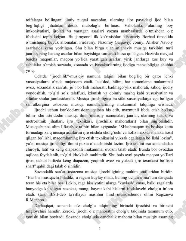 qa ijrochiligida bu sifat xususiyatlarga ega bo`lgan san`atkorgina ustozona musiqa namunalarining mukammal talqiniga erishadi. ijrochi uchun iste`dod-musiqani qalban his etib, mazmunli ifoda etish bo`lsa, bilim- shu iste`dodni musiqa ilmi (musiqiy namunalar, janrlar, ularning tuzuk va metroritmik jihatlari, ijro texnikasi, ijrochilik mahoratlari) bilan sug`orishdir. musiqashunos olim i.rajabov ta`biri bilan aytganda: "shashmaqom va boshqa katta formadagi xalq musiqa asarlarini ijro etishda cholg`uchi va hofiz maxsus malaka hosil qilgan bo`lishi, maqomlarning ijro etish texnikasini yuksak egallagan bo`lishi lozim", ya`ni musiqa ijrochiligi ilmini puxta o`zlashtirishi lozim. ijro talqini esa xonandadan chiroyli, latif va keng diapazonli mukammal ovozni talab etadi. bunda bor ovozdan oqilona foydalanib, to`g`ri idroklash muhimdir. shu bois ayni paytda maqom yo`llari ijrosi uchun hofizda keng diapazon, yoqimli ovoz va yuksak ijro texnikasi bo`lishi shart" qabilidagi talab o`rinlidir. sozandalik san`ati-ustozona musiqa ijrochiligining muhim omillaridan biridir. "har bir musiqachi biladiki, u ragani kuylay oladi, buning uchun u ma`lum darajada teran his eta bilsa bas. …