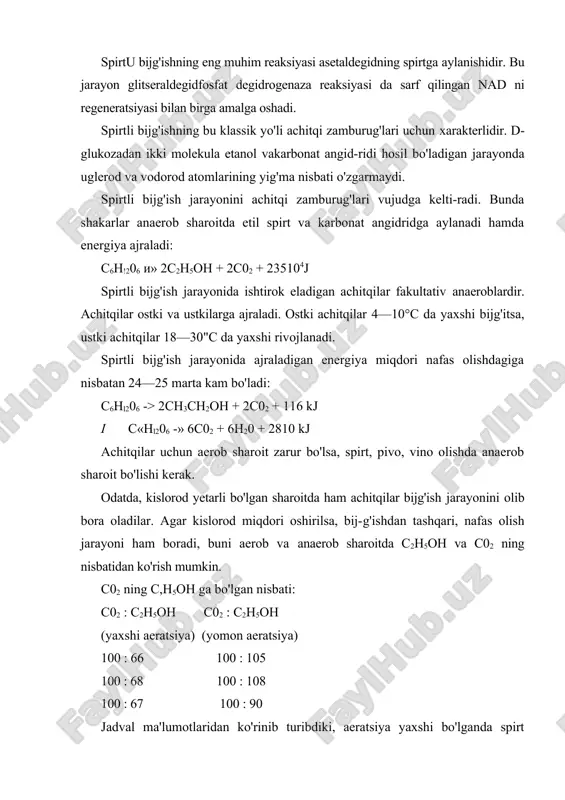 'lar ekan. spirtli bijg'ish jarayonida 15% spirt to'plangandan so'ng bijg'ish to'xtaydi, chunki spirt achitqilarni zaharlaydi. spirtli bijg'ish jarayonida ishtirok etadigan fermentlar kompleksi zimaza deyiladi. a.h.lebedev (1911-y.) achitqilarni termostatda 25—30°c da o'stirgandan keyin 2 soat suv bilan yuvib, achitqi shirasidan fer-mentlarni ajratib olishga muvaffaq bo'lgan. rus olimlaridan l.a.ivanov, s.p.kostichev, a.h.lebedevlar spirtli bijg'ish jara-yonining ximizmini o'rganishgan va quyidagilarni aniqlashgan: spirtli bijg'ish jarayoni ko'p bosqichli jarayondir. xuddi nafas olish jarayoniga o'xshab, glukoza molekulasi gidrolitik parchalanish reaksiyaiari natijasida pirouzum kislotaga aylanadi. shu reaksiyalar anaerob sharoitda boradi. keyin nafas olish va bijg'ish jarayonlari bir-biridan ajrahb, turlicha yo'l bilan ketadi. buni s.p.kostichev ishlarida ko'rish mumkin. bijg'ish va nafas olish jarayonlari o'rtasidagi uzviy bog'lanishni ifodalaydigan sxema quyidagichadir: spirtli bijg'ish jarayonida hosil bo'lgan pirouzum kislotadan c,h5oh va c02 hosil boiadi. bu reaksiyalar ikki bosqichda boradi. avval pirouzum kislotadan c02 ajraladi va sirka aldegidi hosil bo'ladi: ch3cocooh karboksiloza fermeati ) ^ + snzsno so'ngra sirka aldegidi vodorod ishtirokida qaytarilib, …