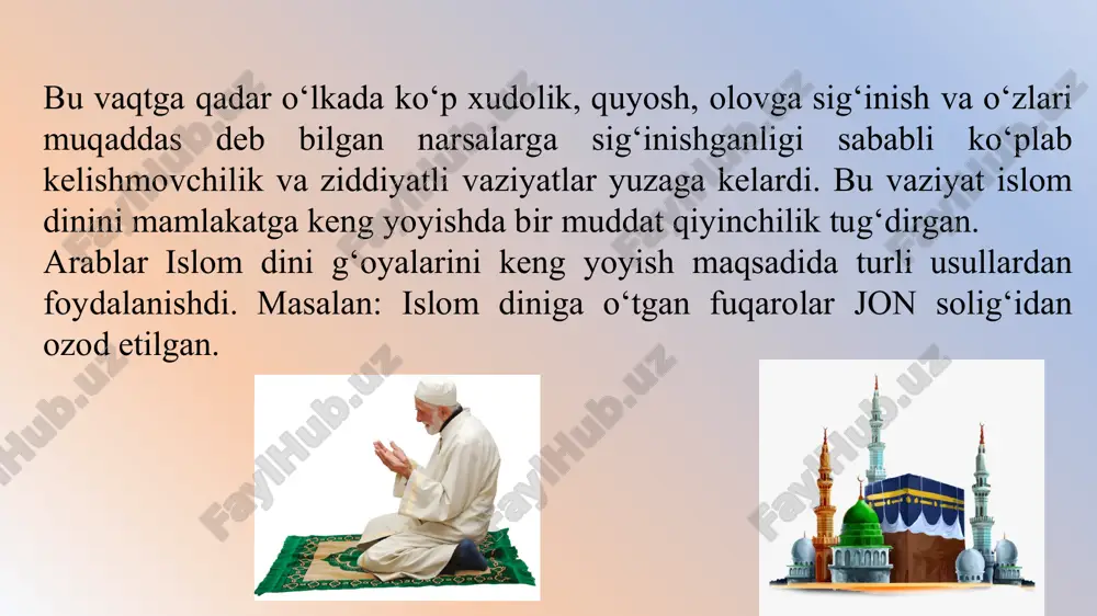 makkaga xaj ziyoratini amalga oshiradi va imom al-buxoriy bilan uchrashib, u kishi yordami bilan hadis ilmidan to‘liq ma’lumot oladi. imom al-buxoriy at-termiziyni shogird emas balki xamfikr, do‘st sifatida xurmat qiladi. u o‘qigan manbaalarini, ilmlarini kitob xoliga keltiradi va 863 yilda o‘z vataniga qaytadi va shogirdlariga hadis ilmidan ta’lim beradi. imom at-termiziy tomonidan yozib qoldirilgan asarlarda o‘z ifodasini topgan hadislar ham imom al-buxoriy hadislari kabi insonni ulug‘lashga, halol, adolatli, e’tiqod, diyonat, mexr-shavqat g‘oyalarini targ‘ib qilganligi bilan ahamiyatlidir. islom ta’limoti g‘oyalariga ko‘ra har bir musulmon eng avvalo iymonli bo‘lishi kerak. qur’oni karimda ta’kidlanganidek, islom dini ta’limotining yaratilishidan maqsad kishilarda iymon, e’tiqodni shakllantirishdir. hadislarda iymonning mukammal va mustahkam bo‘lishi quyidagi uch shartga qat’iy amal qilinishiga bog‘liqligi ko‘rsatilgan: - to‘g‘ri e’tiqodli bo‘lmoq; - kishilar bilan yaxshi munosabatda bo‘lmoq; - kishi o‘z ustida ishlamog‘i va o‘zini ibodat va itoatga chaqirmog‘i. “ilm oʻrganmoq va oʻrgatmoqning fazilati” borasidagi hadisda ilm oʻrganish koʻp yoqqan yomgʻirga qiyoslanadi va ilm …