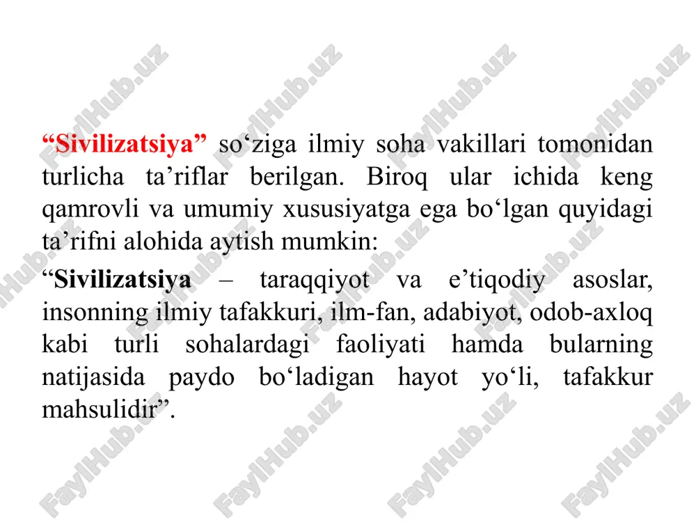 islom hazorasi ham boqiy qoladi. chunki uning negizi islom dini ta’limotlaridan sug‘oriladi. shu tufayli ham u eskirmaydi va parchalanib ketmaydi hadisda: “sizlarni yaxshilaringiz dunyosini deb dinni, dinni deb dunyosini tark qilmaganlaringizdir” deyiladi. gohida musulmonlar zaiflashib qolib, nufuzi pasayib ketishi, natijada ilmu ma’rifat va boshqa sohalarda ham taraqqiyotga erisha olmasliklari mumkin. bu esa islom sababli emas. shuning uchun ham musulmonlarga qarab islomga baho berish to‘g‘ri emas. mavzu bo‘yicha savollar: 1. “sivilizatsiya” atamasi, islom madaniyati va sivilizatsiyasi tushunchalarini tavsiflang. 2. islom madaniyatining o‘ziga xos xususiyatlari nimalardan iborat? foydalanilgan adabiyotlar: 1. dyurant u. sivizilatsilar tarixi. j. 1. nyu york. simon shuster, 1935-1975 2. toyinbi a.j. tarix darsidan muxtasar. oxford university press. 1946 3. maxsudov d. “islom tarixi o‘quv-uslubiy majmua”. – toshkent islom universiteti, 2017 4. maxsudov d., palvanov o‘., abdurahmonov a. “islom sivilizatsiyasi va uning xususiyatlari” toshkent islom universiteti nashriyot-matbaa birlashmasi, 2017 5. yusuf qarzoviy. al-islom ... hozir al-g‘od. – qohira: maktaba vahba, …