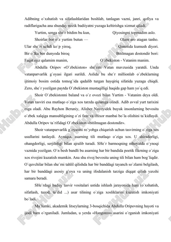 . ma`lumki, akademik litseylarning 3-bosqichida abdulla oripovning hayoti va ijodi ham o`rganiladi. jumladan, u yerda «hangoma» asarini o`rganish imkoniyati mavjud. biz ushbu asar tili bilan bog`liq tahlil namunasini q.yodgorov tadqiqotiga suyangan holda havola etamiz. ma`lumki, matn bir marta to`liq o`qib chiqilganidan keyin uning yax-litligini idrok etish mumkin bo`ladi. ammo bu yaxlitpikning alohida-alohida qismlardan iborat ekanligini ham nazarda tutish kerak. zero, «matnning butunligiga ichki ma`no rivojidagi qismlar va butunlik-ning o`zaro aloqalari tufayli eriishladi» . bizning misolimizda u alohida-alohida bandlardan iboratdir, mana shu bandlarning muallif taqdimi va talqinidagi ketma-ketligi matn yaxlitligini ta`minlagan. endi matnning o`zini ko`rib chiqaylik. matnni shartli ravishda uch kismga ajratish mumkin: to`y xabari va yo`lga chiqish. ikki cholning adashib qolganliklarini sezishlari. qaypish. voqea shunday boshlanadi: qor yovardi bo`ralab, qolishmasdi dovuldan. to`yga aytib ketishdi shundoq qo`shni ovuldan. she`rda voqeabandlik bo`lganligi uchun ham bandlar orasidagi mantiqiy aloqadorlikni anglash unchalik siyin emas. ko`rinib turibdiki, matn dastlab oddiy xabar bilan boshlanmoqda. undan keyingi …