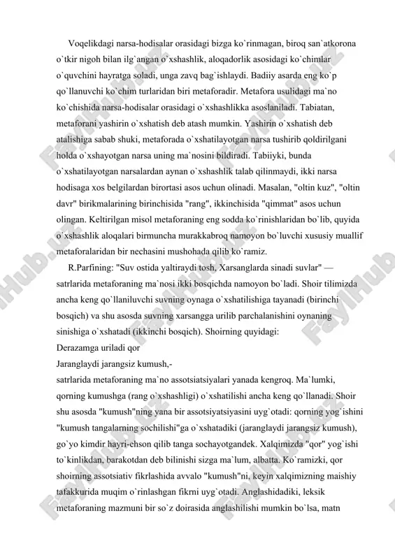 da namoyon bo`ladi. shoir tilimizda ancha keng qo`llaniluvchi suvning oynaga o`xshatilishiga tayanadi (birinchi bosqich) va shu asosda suvning xarsangga urilib parchalanishini oynaning sinishiga o`xshatadi (ikkinchi bosqich). shoirning quyidagi: derazamga uriladi qor jaranglaydi jarangsiz kumush,- satrlarida metaforaning ma`no assotsiatsiyalari yanada kengroq. ma`lumki, qorning kumushga (rang o`xshashligi) o`xshatilishi ancha keng qo`llanadi. shoir shu asosda "kumush"ning yana bir assotsiyatsiyasini uyg`otadi: qorning yog`ishini "kumush tangalarning sochilishi"ga o`xshatadiki (jaranglaydi jarangsiz kumush), go`yo kimdir hayri-ehson qilib tanga sochayotgandek. xalqimizda "qor" yog`ishi to`kinlikdan, barakotdan deb bilinishi sizga ma`lum, albatta. ko`ramizki, qor shoirning assotsiativ fikrlashida avvalo "kumush"ni, keyin xalqimizning maishiy tafakkurida muqim o`rinlashgan fikrni uyg`otadi. anglashidadiki, leksik metaforaning mazmuni bir so`z doirasida anglashilishi mumkin bo`lsa, matn ichidagi metaforaning ma`nosi matndagi boshqa so`zlar bilan aloqada oydinlashar ekan. masalan, shoir yozadi: eng dahshatli baqiriq - soqovning baqirig`i. o`, qanday kuch bilan baqirar qabrtoshlar... albatta, bu o`rinda metaforaning ma`nosi turlicha tushunilishi, u turli o`quvchining ongida turlicha assotsiatsiyalarni uyg`otishi mumkinligi tabiiy. parchadagi …