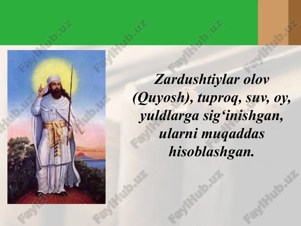 mallari) asaridir. unda «avesto»ning yigirma bir kitobi to‘la ta’riflab berilgan. «avesto» haqida eng muhim manba ix asrga oid «denkard» (din amallari) asaridir. unda «avesto»ning yigirma bir kitobi to‘la ta’riflab berilgan. bu ta’riflar savobli ishlar yo‘riqnomasi, diniy marosimlar va rasm-rusumlar qoidasi; zardushtiylik ta’limoti asoslari; dunyoning ahuramazda tomonidan yaratilishi; oxirat kuni va undagi hisob-kitob; falakiyot; ijtimoiy-huquqiy qonunqoidalar; zardushtning tug‘ilishi va bolaligi; haq yo‘lini tutish; jamiyat a’zolarining haq-huquqlari; devlar, jinlar kabi yovuz kuchlarga qarshi o‘qiladigan duolar, amallar va boshqalardan iborat. uchinchi kitob «visparat» deb nomlangan. u yigirma to‘rt bobdan tashkil topgan va har bir bob alohida «karde» deb atalib, ma’budlar sha’niga o‘qilgan duolar va ibodat paytida ularga murojaatlar hamda olamni bilishga doir pand-nasihatlardan iboratdir. uni ibodat namozlari yig‘indisi ham deyishadi. ayni paytda u «yasna»ga qo‘shimcha hisoblanadi. to‘rtinchi kitob «yasht» deb ataladi. u «avesto»ning eng qadimiy qatlami bo‘lib, yigirma ikki bobdan iborat. har bir bob ahuramazdadan boshlab, u yaratgan va uning ma’lum vazifalarini bajaruvchi …