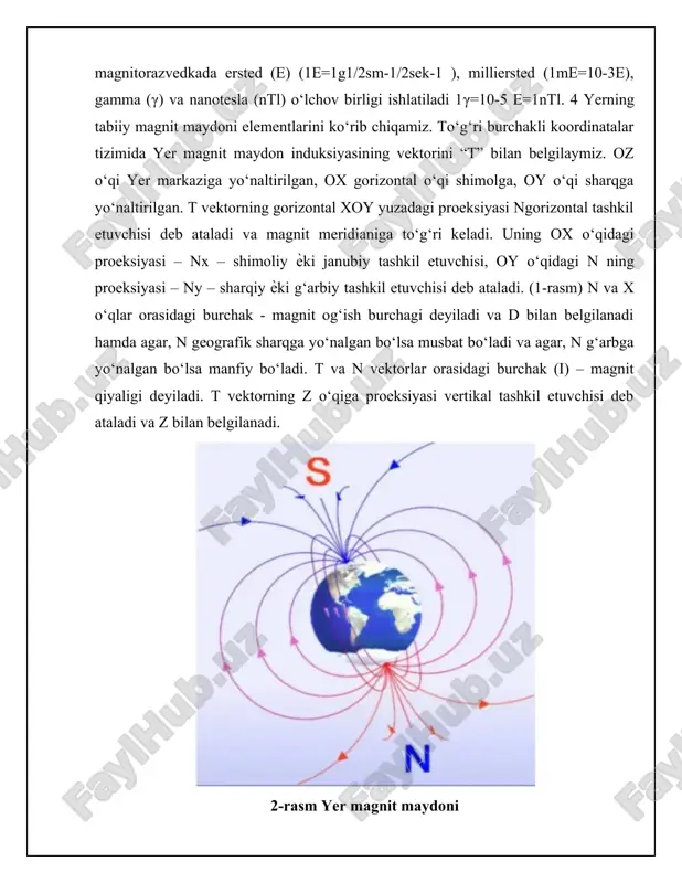 100 ming km dan ortiq. magnit maydonni o‘lchash uchun asboblar magnitometrlar deb ataladi. yerning magnit maydonidagi o‘zgarish darajasi va tabiatini baholash uchun uning to‘liq vektorining kattaligi va yo‘nalishini o‘lchash shart emas. uning har qanday elementi bo‘yicha muntazam kuzatuvlarni amalga oshirish kifoya. er magnit maydonining vertikal komponentini o‘lchaydigan z-magnitometrlar ayniqsa keng amaliy qo‘llanilishini oldi. geomagnit maydonni o‘lchash dizayni va printsipiga qarab, mavjud - optik-mexanik, - fluxgate, - proton, - kvant magnitometrlari. zamonaviy magnit qidiruv uskunalari nt ning o‘ndan bir qismigacha bo‘lgan magnit maydon o‘lchovlarining aniqligini ta'minlaydi. piyodalar, avtomobillar va masofaviy havo va kosmik magnit tadqiqotlar uchun mo‘ljallangan qurilmalar dizayni jihatidan sezilarli darajada farqlanadi. 4-rasm shar ustida magnit maydon dala ishlarida (xaritalash) magnitorazvedka uslubi. qo‘yilgan geologik masalani yechish uchun magnitrazvedkani o‘tkazishdan oldin: 1. asbob va usulni; 2. xaritalashni turi va kuzatuv tizimini, profillar yo‘nalishini, kuzatuv qadamini tanlash, qanday materiallar natijasi va ular qaysi shaklda ko‘rsatiladi, ish xatosini tasavvur qilish kerak. magnitorazvedkaning asosiy …