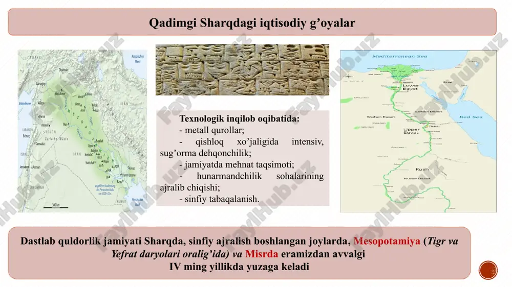 idan tashqari, kapital sifatida jamgʼarish funktsiyasini ham tan olgan (pulning boshqa funktsiyalari inkor etiladi). qadimgi gretsiya ... platon (m.a. 427-347) «davlat» va «konunlar» asarlarida ideal davlat qanday boʼlishi kerakligini ochib bermoqchi boʼldi. uningcha bu davrda xususiy mulk va erkin xoʼjalik tashabbusiga oʼrin yoʼq. u aholini uch toifaga ajratgan: faylasuflar - davlatni boshqaruvchilar harbiylar - davlatni boshqarish apparatining bir qismi, ular biror mulk egasi boʼlish huquqiga ega emas, isteʼmol qilish esa ijtimoiy harakterga ega boʼlishi kerak «qora» toifaa- dehqon, hunarmand va savdogarlar, ular mulk egasi boʼlishi kerak aristotel (m.a. 384-322 yy.) - «qul - tirik qurol, qandaydir tirik mulk» - jamiyatning quldor va qullarga boʼlinishi - bu tabiiy va qonuniy hol boʼlib, odamlarning tabiatan turli-tumanligidandir. - u «haqiqiy boylik» (qiymat)ni tan olgan, uni isteʼmol qiymatlarining yigʼindisi va bu bilan bogʼliq faoliyatni iqtisodiyotga tegishli soha deb bilgan. qadimgi gretsiya ... iqtisodiyot dehqonchilik va hunarmandchilik mayda savdo bevosita tovar ayirboshlash va pul orqali …