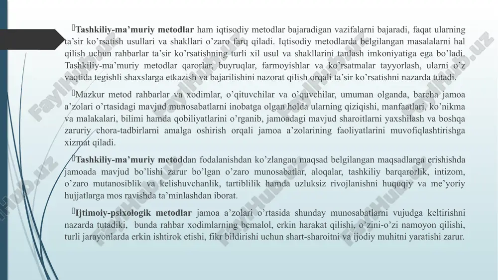 ga xos va o'zgarmas usul hamda harakatlari yig'indisidir. mutlaqo o'xshash kishilar bo'lmagani kabi, vazifalar ko'pligi sababli, mutlaqo bir xii boshqaruv uslubi ham bo'lmaydi. rahbar faqat o'ziga xos xususiyat va sifatlar vositasida faqat o'ziga xos, mansub uslubda ish yuritadi. bu rna 'noda uslub rahbarni nafaqat shaxs sifatidagi xususiyatlarini. balki faoliyati xususiyatlarini ifodalaydi. kishilarni boshqarar ekan rahbar jamoaning natijaviy maqsadini ko'ra biladi va uni shu maqsad sari yo'naltiradi. rahbar ishning mohiyatiga tushungan va uni chuqur o'rgangan holda mutaxassislar faoliyatini mohirona birlashtirishi va yo'naltirishi kerak. ishlab chiqarishni boshqarish uslubi boshqaruv apparati, barcha rahbar va mutaxassislarning katta va murakkab faoliyatini aks ettiradi. menejmentning har bir vazifasl o'ziga xos xususiyatlarga ega va shu sababli unga mos usullarni talab etadi. nazariy jihatdan boshqaruv apparatining umumiy uslubi alohida boshqaruv tashkilotlari uslublari yig'indisidan iborat bo'lishi kerak. lekin amalda alohida tashkilotlarning turli uslublari o'zaro birlashib, bir-birini boyitadi, natijada, butun boshqaruv apparatiga xos bo'lgan o'ziga xos menejment uslubi vujudga keladi. …