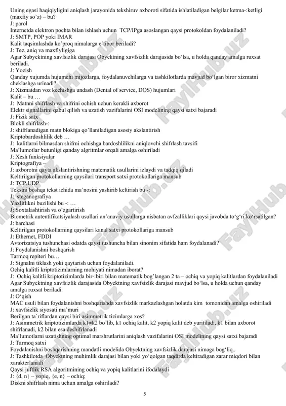 laniladi? j: smtp, pop yoki imar kalit taqsimlashda ko’proq nimalarga e`tibor beriladi? j: tez, aniq va maxfiyligiga agar subyektning xavfsizlik darajasi obyektning xavfsizlik darajasida bo‘lsa, u holda qanday amalga ruxsat beriladi. j: yozish qanday xujumda hujumchi mijozlarga, foydalanuvchilarga va tashkilotlarda mavjud bo‘lgan biror xizmatni cheklashga urinadi? j: xizmatdan voz kechishga undash (denial of service, dos) hujumlari kalit – bu … j: matnni shifrlash va shifrini ochish uchun kerakli axborot elektr signallarini qabul qilish va uzatish vazifalarini osi modelining qaysi satxi bajaradi j: fizik satx blokli shifrlash-: j: shifrlanadigan matn blokiga qo’llaniladigan asosiy akslantirish kriptobardoshlilik deb … j: kalitlarni bilmasdan shifrni ochishga bardoshlilikni aniqlovchi shifrlash tavsifi ma’lumotlar butunligi qanday algritmlar orqali amalga oshiriladi j: xesh funksiyalar kriptografiya – j: axborotni qayta akslantirishning matematik usullarini izlaydi va tadqiq qiladi keltirilgan protokollarning qaysilari transport satxi protokollariga mansub j: tcp,udp tekstni boshqa tekst ichida ma’nosini yashirib keltirish bu -: j: steganografiya yaxlitlikni buzilishi bu …