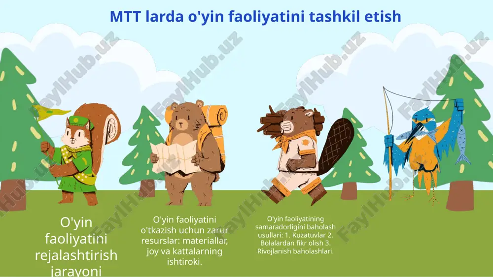 ng ijodiy va mantiqiy fikrlash qobiliyatini rivojlantiradi. misol uchun, konstruktiv o'yinchoqlar bolalarga muammolarni hal qilishda yordam beradi va o'zaro hamkorlikni rag'batlantiradi. o'qituvchilar va mutaxassislarning roli o'qituvchilar va mutaxassislar rivojlantiruvchi markazlarda muhim rol o'ynaydi. ular bolalarga ta'lim berish, o'yin jarayonini yo'naltirish va individual yondashuvni ta'minlash orqali rivojlanishlariga yordam beradilar. 01 02 03 markazlarning samaradorligini oshirish xodimlarni tayyorlash dasturlarini amalga oshirish orqali markazlarning samaradorligini oshirish mumkin. aniq ish ko‘rsatkichlarini belgilash, markazlar faoliyatini baholashni osonlashtiradi. jamoatchilik fikrini inobatga olish, markazlar xizmatlarini yaxshilashda muhimdir. innovatsion yondashuvlar, masalan, texnologiyalarni joriy etish va bolalar markazlashgan ta'lim usullarini qo'llash, samaradorlikni oshirishga yordam beradi. rivojlantiruvchi markazlarning rivojlanish istiqbollari mtt lardagi rivojlanish tendensiyalari quyidagilardan iborat: 1. bolalar uchun ta'lim dasturlarining diversifikatsiyasi; 2. o'yin va ta'lim jarayonlarini integratsiyalash; 3. zamonaviy texnologiyalarni qo'llash; 4. ijtimoiy va hissiy rivojlanishga e'tibor. bu tendensiyalar bolalarning umumiy rivojlanishiga yordam beradi. kelajakdagi imkoniyatlar bolalar ta'limini yanada samarali va qiziqarli qilishda davom etadi. rivojlantiruvchi markazlar, shuningdek, o'qituvchilar …