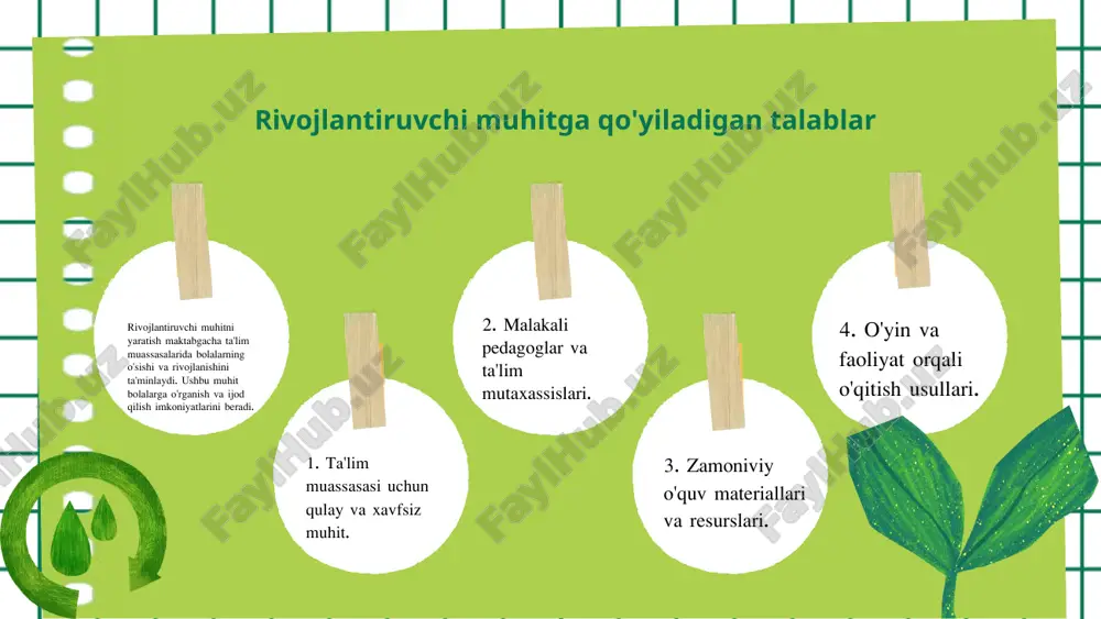 di. rivojlantiruvchi muhit talablari rivojlantiruvchi muhit bolalar uchun qulay va xavfsiz bo'lishi zarur. bunda o'yin maydonchalari, ta'lim materiallari, va pedagogik uslublar muhim rol o'ynaydi. shuningdek, taʼlim jarayonida o'qituvchilar va ota-onalar o'rtasidagi hamkorlik bolalarning rivojlanishida muhim ahamiyatga ega. photo by anik deb nath on unsplash photo by gustavo quepón on unsplash e'tiboringiz uchun rahmat! image1.png image2.png image3.png image4.png image5.png image6.png image7.png image8.png image9.png image20.jpg image21.jpg image12.png image10.png image11.png image13.png image14.png image15.png image16.png image17.png image18.png image19.png