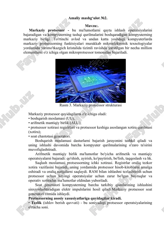 ganingizdek, chastotani oshirish mikroprotsessorlar rivojlanishining asosiy tendentsiyalaridan biridir. ommaviy kompyuterlar bozorida protsessor ishlab chiqaruvchilari orasida etakchi o'rinni ikkita kompaniya egallaydi: intel va amd. ular modeldan modelga o'tadigan asosiy nomga ega. intelda pentium va pentium celeron modellari mavjud, ular o'chirilgan kesh xotirasiga ega; amd-da athlon va duron keshini modeli mavjud. • protsessorning bit kengligi - bu protsessor tomonidan bir vaqtning o'zida qayta ishlanishi va uzatilishi mumkin bo'lgan ma'lumotlarning maksimal soni. protsessorning bit kengligi qayta ishlangan ma'lumotlar joylashtirilgan registrlarning bit kengligi bilan belgilanadi. masalan, registrning kengligi 2 bayt bo'lsa, u holda protsessor hajmi 16 (2x8); agar 4 bayt bo'lsa, unda 32; agar 8 bayt bo'lsa, unda 64. foydalanuvchilar uchun protsessor birinchi navbatda uning buyruqlar tizimi va ularning bajarilish tezligi bilan qiziq. protsessor buyruqlar to'plami - bu ma'lum turdagi protsessor bajarishi mumkin bo'lgan alohida operatsiyalar to'plami. mikroprotsessorlarning turli xil modellari boshqa tsikllar uchun bir xil operatsiyalarni bajaradilar. mikroprotsessor modeli qanchalik baland bo'lsa, xuddi …