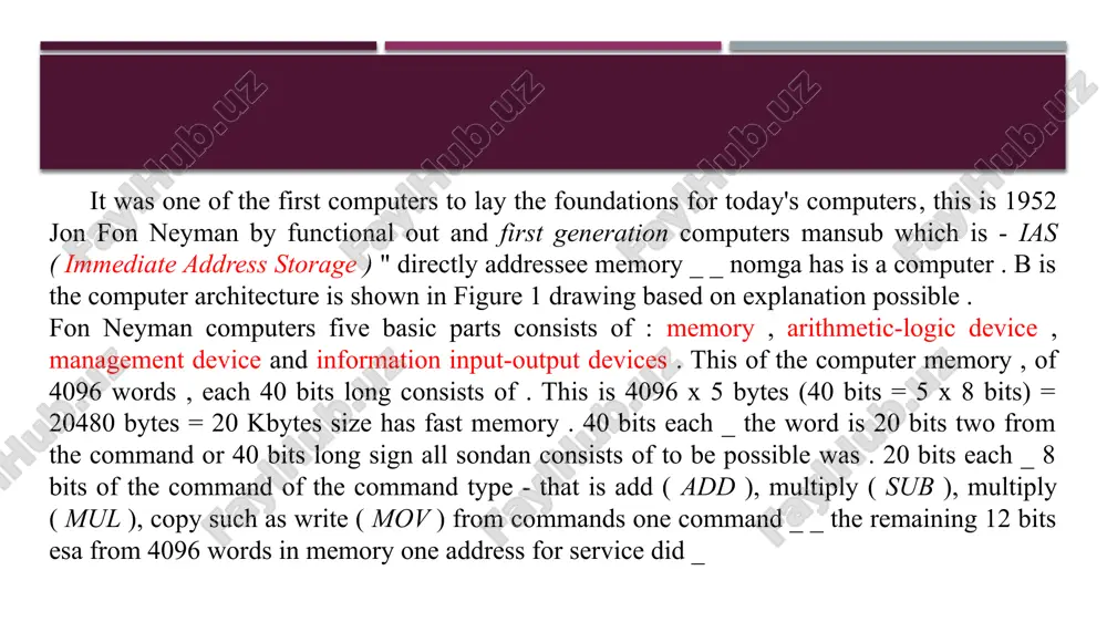 oved started . this computers commands from them first functional released - complete commands to the set has cisc ( complex instruction set computer) computers commands relatively much simple and fast performed was . risc computers based on later a lot number commands a at the time bajara receiver - superscalar computers functional can be removed started . 1985 yili so‘z uzunligi 32 bitli intel 386 protsessori o‘rnatilgan shaxsiy kompyuterlar ishlab chiqarila boshladi. bu kompyuterlarda esa, ms-dos operatsion tizimi asosida ishlaydigan, microsoft korporatsiyasi tomonidan ishlab chiqilgan windows qobiq dasturi ham o‘rnatilgan edi. 1980 yillarning o‘rtalariga kelib qisqartirilgan buyruqlar to‘plamiga ega bo‘lgan - risc (reduced instruction set computer) kompyuterlar ishlab chiqarila boshlandi. ushbu kompyuterlarning buyruqlari, ulardan avval ishlab chiqarilgan - to‘liq buyruqlar to‘plamiga ega bo‘lgan - cisc (complex instruction set computer) kompyuterlarning buyruqlariga nisbatan ancha sodda va tez bajarilar edi. risc kompyuterlari asosida keyinchalik ko‘p sonli buyruqlarni bir vaqtda bajara oladigan …