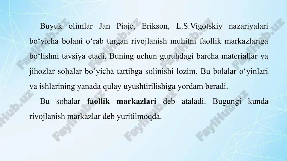 rish va hokazo. uzoq vaqt davomida bolalar bilan ishlashda: ● guruhdagi tabiiy shovqinni cheklamaslik (jonli faoliyat, o‘yin, kulgi, suhbat); ● boshqa bolalarga xalaqit bermasdan xotirjam gapirishni o‘rgatish; ● sokin muloqot namunasi bo‘lib xizmat qilish: bolalar bilan xotirjam sekin ovozda muloqot qilish, lekin bir xil ovozda emas o‘yinni tashkil etishda pedagogning roli o‘yin faoliyatida mtt pedagogi quyidagi rollarda ishtirok etishi mumkin: pedagog kuzatuvchi sifatida bolalar o‘yiniga yaqindan e’tibor bersak, o‘yinda sezgir va malakali yordamchi larga aylanamiz. maqsadimiz bolalarning kuchli tomonlarini va yuqori dara jadagi o‘yinga kirishish va uni saqlab qolishda ular duch keladigan muammolarni aniqlashdan iborat. biz, shuningdek, bolalar o‘yin orqali qanday muammolar va kon sepsiyalarni echa olishini aniqlaymiz: hokimiyat, ezgulik va yovuzlik, qo‘rquv va xavf sizlik, beboshlik va nazorat, yaxshilik va yomonlik pedagog rejissyor sifatida. biz o‘yinga zamin yaratuvchi materiallar, jihoz va/yoki o‘yinchoqlarni taqdim etib va joylashtirib, tadbirlarni uyushtirib, bolalar o‘yinlarini qo‘llab-quvvatlash uchun sharoitlar yaratamiz. biz tadqiqotlarga chorlaydigan muhitni ishlab …