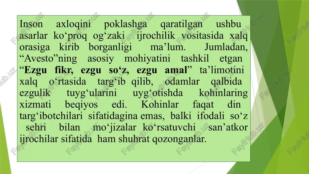 voizning “abvob ul-jinon” (“jannat eshiklari”), -voiz qazviniyning “ziloli maqol” (“maqol nafosati”), -voiz shirvoniyning “ahsan ul-ahodis” (“nafis kalimalar”), -quraysh sindiyning “anis ul-voizin” (“voizlar do‘sti”), -mulla kalon voiz samarqandiyning “ ravzat ul-voizin” (“voizlar bo‘stoni”), -qozi o‘shiyning “miftoh un-najot” (“najot kaliti”) asarlari keyingi davrlarda yetishib chiqqan notiqlar uchun asosiy dasturulamal bo‘lib xizmat qilgan. shuningdek, alisher navoiyning “majolis un-nafois”, zay­ niddin vosifiyning “badoye’ ul-vaqoye’”, xondamiring “makorim ul-axloq” kabi asarlarida ham voizlik san’ati haqida qimmatli fikr- mulohazalar bayon qilingan. tariximizda nurli iz qoldirgan ulug‘ allomalar tomonidan notiq­lik san’ati haqida maxsus asarlar yaratilishi, so‘z ijrochiligiga bu qa- dar katta e ’tibor berilishi qadim-qadimdan o‘rta osiyoda ifodali nutq san’atining juda katta ijtimoiy-siyosiy mavqega ega bo‘lgan davlat aha­miyatiga molik ish ekanligidan dalolat beradi. mavlono irshod. xv asrda hirotda yashab-faoliyat ko‘rsatgan voizlardan bid mavlono irshoddir. u o‘zining donishmandligi va so‘zga chechanligi bilan el nazariga tushgan. mavlono irshod faqat xalqqa va’z aytish bilangina cheklanib qolmasdan, rasmiy davlat ishlarida ham qatnashib, …