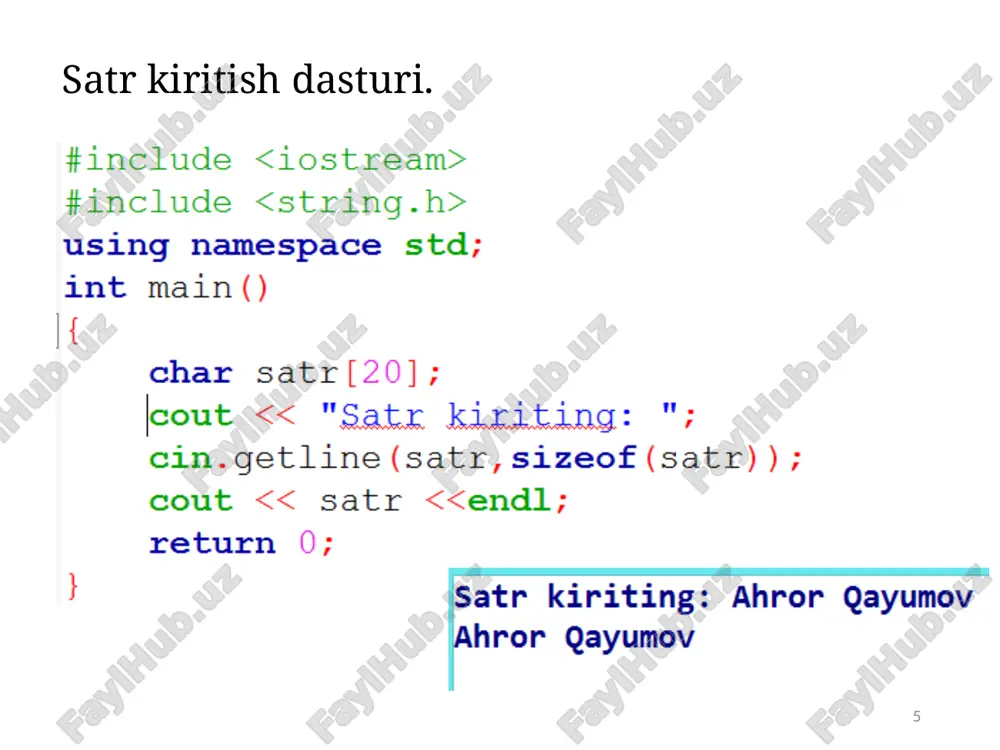 lar mavjud. in oqimini o‘qish uchun ochish (odatda ifstream) out oqimini yozish uchun ochish (odatda ofstream) trunc oqimini tozalash uchun ochish (odatda ofstream) app oqimini fayl oxiriga yozish uchun ochish ate oqimini o‘qish uchun yoki fayl oxiriga yozish uchun ochish binary oqimini ikkilik rejimida ochish (odatda matnli) matnlar fayllar matnli fayllarni yaratishda oldingi mavzudagi fayllrani oqimlar usuli bilan yaratish va ularni o‘qishda foydalanilgan funksiyalar va strukturalardan foydalaniladi. matnli fayllar bilan ishlash oldingi rejada ko‘rib o‘tilgan misolimizda yaqqol ko‘rinib turibdi. chunki, misolda kiritilgan so‘z berilgan fayllarga hech qanday o‘zgarishsiz yozilgan. talabalarning familiyasini faylga yozuvchi dastur yaratamiz. agar 0 soni kiritsak faylga yozish to‘htatilsin. binar fallar binar fayllar bilan ishlashdan maqsad shundan iboratki, faylning ichidagi ma’lumotni kodlash. binar fayl nomidan ma’lumki unga yozilgan ma’lumotlar ikkilik tartibida yoziladi. bunda faylning matnli ma’lumotlaridan tashqari barcha ma’lumotlari kodlanadi. matnli fayllarni o’qish matnli fayllarni o’qish etiborlaring uchun raxmat image1.png image2.png image3.png image4.png image5.png image6.png image7.png image8.png …