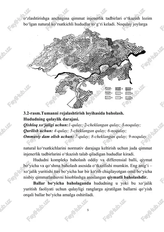 udning u yoki bu xo‘jalik yuritish faoliyati uchun qulayligi ranglarga ajratilgan ballarni qo‘yish orqali ballar bo‘yicha amalga oshiriladi. ekspert yo‘li bo‘yicha baholashda (kamida 20 ta ekspert bo‘lishi kerak) u yoki bu xo‘jalik faoliyati uchun shart-sharoitlar umumiy kompleksdagi omillarni ranglarga ularning muhimlik darajasi bo‘yicha ajratilib, alohida omillar ballar bo‘yicha baholanadi. integral baholash ballar, ekspert yoki qiymati bo‘yicha amalga oshirilishi mumkin. qiymat bo‘yicha baholash konkret sharoitlarda u yoki bu xo‘jalik yuritish faoliyati uchun har bir omil bo‘yicha hududiy o‘zlashtirishdagi qiymatning nisbiy oshishini aniqlash orqali amalga oshiriladi. buning uchun 1 ga hududni o‘zlashtirishga ketadigan xarajatlar normativ darajaga nisbatan aniqlanadi. kompleks baholash orqali hududni xo‘jalik o‘zlashtirish va qurilish uchun rezerv maydonlari aniqlanadi. 3.2. aholi punktini qurish uchun hududning iqlimiy, topografik, geologik va gidrologik sharoitlarini baholash. hududni tahlil qilishning asosiy maqsadi – ko‘rilayotgan hudud tabiiy shart-sharoitlari va resurslarini tahlil qilish va baholash orqali undan turli xil sohalarda foydalanishga yaroqliligini aniqlash: shahar qurilishiga, qishloq va o‘rmon …