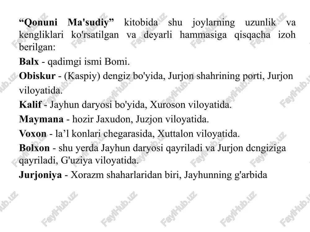 sayhun deb ataydilar”. sirdaryoning nomlari parak - chirchiq daryosi. demak, bosh tomondagisi o'zgand bo'lgan, chirchiq quyilgandan keyin sirdaryo choch daryosi deb atalgan. “hudud ul-olam” asarida zarafshon buxoro daryosi deyilgan. shu ma'lumotlardan ko'rinadiki, daryolar ko'pincha shaharlar yoki viloyatlar nomlari bilan atalgan. vaxsh daryosi - vaxsh shahri. chag'onrud (chag'oniyon). o'zgand suvi - o'zgand shahri, xurshob daryosi - xurshob shahri. xatlom daryosi – xatlom shahri, choch daryosi - choch (shahri, viloyati), o'sh daryosi - o'sh shahri. “hudud ul-olam” muallifi sirdaryoni bir o'rinda hasart deb atagan. “movarounnahr - keng, obod va juda ko'rkam o'lka. turkistonning darvozasi va savdogarlar maskanidir". abu bakr muhammad ibn ja'far ibn zakariyya al-xattob ibn sharik annarshaxiy (899-959) – tarixchi olim. buxoroning narshax qishlog‘ida tug‘ilgan. tarjimai holiga oid ma'lumotlar kam. somoniylar saroyida kotiblik qilgan. narshaxiy 943—944 yillarda “buxoro tarixi” (“tahqiqi viloyati buxoro”) nomli asarini arab tilida yozib, uni somoniylar amiri nuh ibn nasr (hukmronlik davri: 943—954)ga bag‘ishlagan. narshaxiyning o‘g‘li abu bakr …