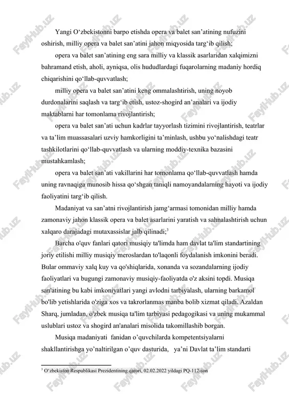 ular ommaviy xalq kuy va qo'shiqlarida, xonanda va sozandalarning ijodiy faoliyatlari va bugungi zamonaviy musiqiy-faoliyatda o'z aksini topdi. musiqa san'atining bu kabi imkoniyatlari yangi avlodni tarbiyalash, ularning barkamol bo'lib yetishlarida o'ziga xos va takrorlanmas manba bolib xizmat qiladi. azaldan sharq, jumladan, o'zbek musiqa ta'lim tarbiyasi pedagogikasi va uning mukammal uslublari ustoz va shogird an'analari misolida takomillashib borgan. musiqa madaniyati fanidan o’quvchilarda kompetentsiyalarni shakllantirishga yo’naltirilgan o’quv dasturida, ya’ni davlat ta’lim standarti o’quvilarga musiqiy-nazariy bilim berish haqida meyoriy talablar berilgan.fanning asosiy vazifalari quyidagilar : o’quvchilarga musiqiy ifodalikning asosiy vositalarini tushunib yetishish ishlarida chuqur bilimlar berish hamda musiqiy texnik ko’nikmalarni o’rgatish amaliy ishlardagi nota matnini o’qish jarayonini mukammalashtirish va ovoz intonatsiyasining sofligiga erishish: musiqiy asar shaklining tuzilishidagi asosiy qonuniyatlari muhim musiqa elementlari , musiqiy rivojlanish prinsplari , shakldagi qismlar funksiyasi bilan o’quvchilarni tanishtirish va turli xil musiqiy shakllarni tahlil qilish malakalarini shakllantish: kompozitorlik ijodining ahamiyatli masalalari va asosiy muammolari bilan yaqindan tanishtirish hamda …