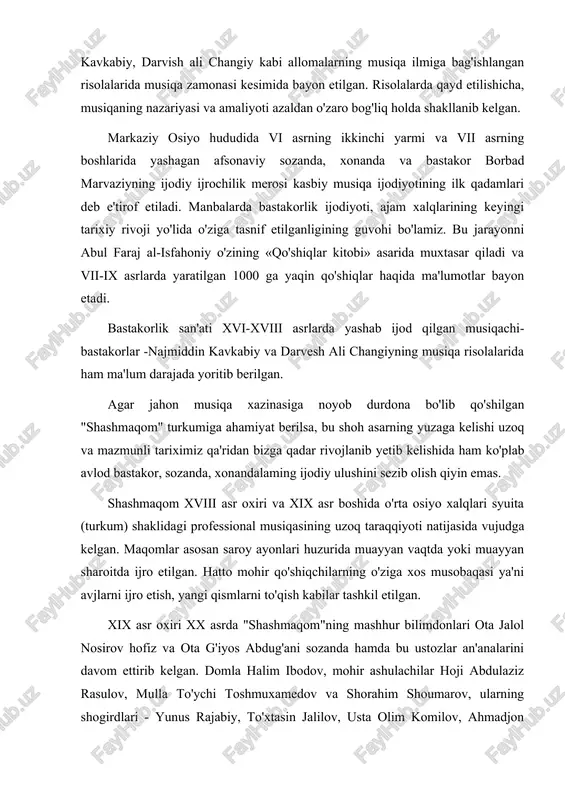 lgan. xix asr oxiri xx asrda "shashmaqom"ning mashhur bilimdonlari ota jalol nosirov hofiz va ota g'iyos abdug'ani sozanda hamda bu ustozlar an'analarini davom ettirib kelgan. domla halim ibodov, mohir ashulachilar hoji abdulaziz rasulov, mulla to'ychi toshmuxamedov va shorahim shoumarov, ularning shogirdlari - yunus rajabiy, to'xtasin jalilov, usta olim komilov, ahmadjon umrzoqov, faxriddin sodiqov, komiljon otaniyozov, muhammadjon mirzayev kabi ustoz san'atkorlarni ko'rsatish mumkin. ularning har biri o'z musiqiy ijod yo'lini yaratdilar. ular yaratgan asarlarining aniq uslubi, ladi, ohang tiniqliligiga katta e'tibor berishgan, musiqani nihoyatda serohang va jiloli bo'lishi uchun xilma-xil, murakkab usullarga murojaat qilishgan. ularning asarlaridagi o'ziga xoslik, ichki milliy ruh, falsafiy kayfiyat yaratilgan san'at namunalariga go'zallik va umrboqiylik bag'ishlaydi. bugungi kunda musiqa amaliyotida "maqomot"ning uch turi - buxoro, xorazm va farg'ona-toshkent maqom yo'llari shakllangan. alohida ta'kidlash joizki, jonli jarayon bilan yo'g'rilgan maqomchilik an'analari bastakorlik va ijrochilik san'ati bilan bevosita bog'liq. bunda ijodkorlik jabhasi ikki asosiy ko'rinishda namoyon bo'lishi ma'lum bo'lmoqda …