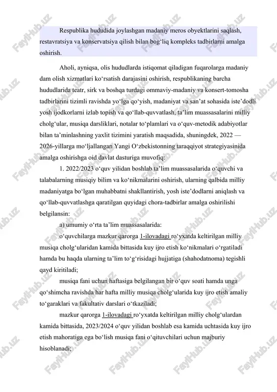 lari va maxsus musiqiy adabiyotlar bilan ta’minlash umumta’lim maktablarini darsliklar va o‘quv-metodik qo‘llanmalar bilan ta’minlash tizimiga kiritiladi; o‘quvchilarning darsdan tashqari vaqtlarini mazmunli tashkil etish maqsadida ularning qiziqishlariga ko‘ra milliy musiqa cholg‘ularida kuy ijro etish, tasviriy va amaliy san’at, hunarmandchilik yo‘nalishlarida amaliy to‘garaklar (keyingi o‘rinlarda — amaliy to‘garaklar) tashkil etiladi; amaliy to‘garaklar rahbarlariga “barkamol avlod” bolalar maktablari to‘garak rahbari uchun belgilangan bazaviy tarif stavkalari qo‘llaniladi; amaliy to‘garaklarni olib borish hisobi “elektron kundalik” dasturi orqali amalga oshiriladi hamda har chorakda to‘garak ishtirokchilarining hisobot konsertlari tashkil qilinadi; musiqa san’ati bo‘yicha professional ta’lim hamda oliy ta’lim to‘g‘risidagi hujjatga ega bo‘lgan, kamida 3 ta milliy musiqa cholg‘ularida mahorat bilan kuy ijro eta oladigan mutaxassislarni asosiy ish joyidan bo‘sh vaqtida u erdagi mehnatga haq to‘lash shartlarini saqlab qolgan holda o‘rindoshlik asosida umumiy o‘rta ta’lim muassasalari musiqa fani o‘qituvchisi mavzuning dolzarbligi. o’zbekiston mustaqillikka erishgan davrdan boshlab yaratilayotgan san’at asarlari orasida vatan, istiqlol, ozodlik, millat haqidagi qo’shiqlar keng …