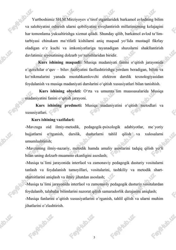 yordam beradigan, bilim va ko‘nikmalarini yanada mustahkamlovchi elektron darslik texnologiyasidan foydalanish va musiqa madaniyati darslarini o‘qitish xususiyatlari bilan tanishish. kurs ishining obyekti: o‘rta va umumta`lim muassasalarida musiqa madaniyatini fanini o‘qitish jarayoni. kurs ishining predmeti: musiqa madaniyatini o‘qitish metodlari va xususiyatlari. kurs ishining vazifalari: -mavzuga oid ilmiy-metodik, pedagogik-psixologik adabiyotlar, me`yoriy hujjatlarni o‘rganish, darslik, dasturlarni tahlil qilish va xulosalarni umumlashtirish; -mavzuning ilmiy-nazariy, metodik hamda amaliy asoslarini tadqiq qilish yo‘li bilan uning dolzarb muammo ekanligini asoslash; -musiqa ta`limi jarayonida interfaol va zamonaviy pedagogik dasturiy vositalarni tanlash va foydalanish tamoyillari, vositalarini, tashkiliy va metodik shart- sharoitlarini aniqlash va ilmiy jihatdan asoslash; -musiqa ta`limi jarayonida interfaol va zamonaviy pedagogik dasturiy vositalardan foydalanib, talabalar bilimlarini nazorat qilish samaradorlik darajasini aniqlash; -musiqa fanlarini o’qitish xususiyatlarini o’rganish, tahlil qilish va ularni muhim jihatlarini o’zlashtirish. i bob. o’zbek an’anaviy musiqa ijrochiligi tarixi 1.1. xalq cholg‘u asboblarining shakllanishi . cholg‘ularda har bir xalqning milliy g‘ururi, an’anasi, qadriyatlari o‘z ifodasini topganki, …