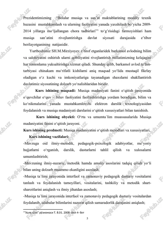 llatimizning kelajagini har tomonlama yuksaltirishga xizmat qiladi. shunday qilib, barkamol avlod ta‘lim-tarbiyasi chinakam ma‘rifatli kishilarni aniq maqsad yo‘lida mustaqil fikrlay oladigan o‘z kuchi va imkoniyatlariga tayanadigan shaxslarni shakllantirish davlatimiz siyosatining dolzarb yo‘nalishlaridan biridir. kurs ishining maqsadi: musiqa madaniyati fanini o‘qitish jarayonida o’quvchilar o‘quv – biluv faoliyatini faollashtirishga yordam beradigan, bilim va ko‘nikmalarini yanada mustahkamlovchi elektron darslik texnologiyasidan foydalanish va musiqa madaniyati darslarini o‘qitish xususiyatlari bilan tanishish. kurs ishining obyekti: o‘rta va umumta`lim muassasalarida musiqa madaniyatini fanini o‘qitish jarayoni. kurs ishining predmeti: musiqa madaniyatini o‘qitish metodlari va xususiyatlari. kurs ishining vazifalari: -mavzuga oid ilmiy-metodik, pedagogik-psixologik adabiyotlar, me`yoriy hujjatlarni o‘rganish, darslik, dasturlarni tahlil qilish va xulosalarni umumlashtirish; -mavzuning ilmiy-nazariy, metodik hamda amaliy asoslarini tadqiq qilish yo‘li bilan uning dolzarb muammo ekanligini asoslash; -musiqa ta`limi jarayonida interfaol va zamonaviy pedagogik dasturiy vositalarni tanlash va foydalanish tamoyillari, vositalarini, tashkiliy va metodik shart- sharoitlarini aniqlash va ilmiy jihatdan asoslash; -musiqa ta`limi jarayonida interfaol va zamonaviy …